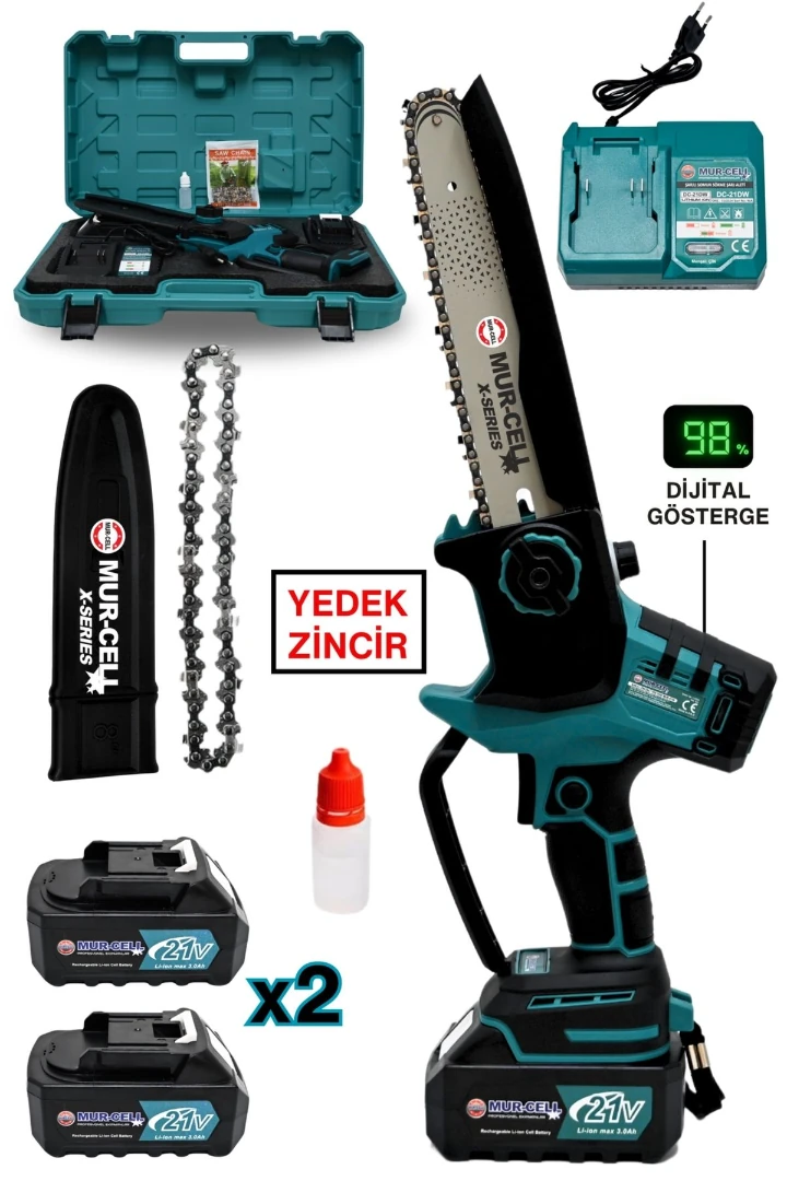 MURCELL ADN0729 Şarjlı Dal Budama Testeresi | 21V 3.0Ah Çift Akülü, Kömürsüz Motorlu, 20cm Pala
