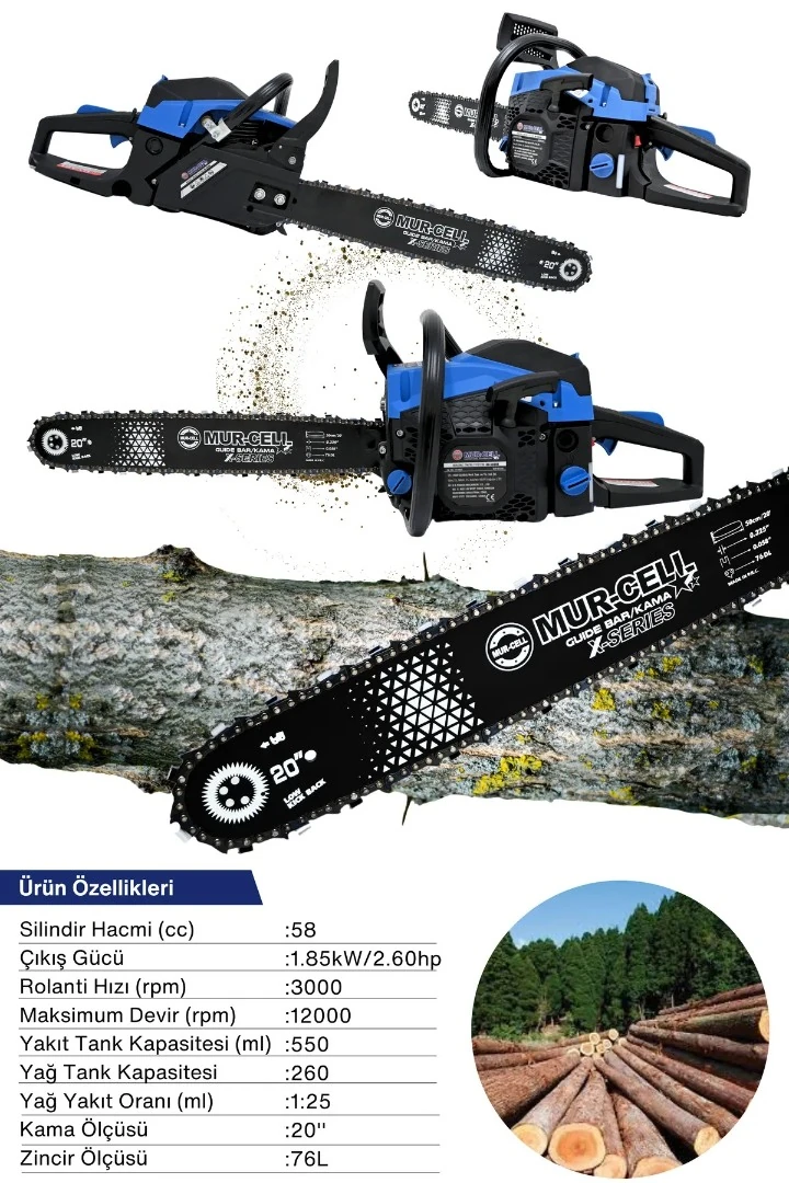 Mur-Cell ADN0722 58cc 2.5kW 48cm 20 inç Benzinli Zincirli Testere Mavi Siyah