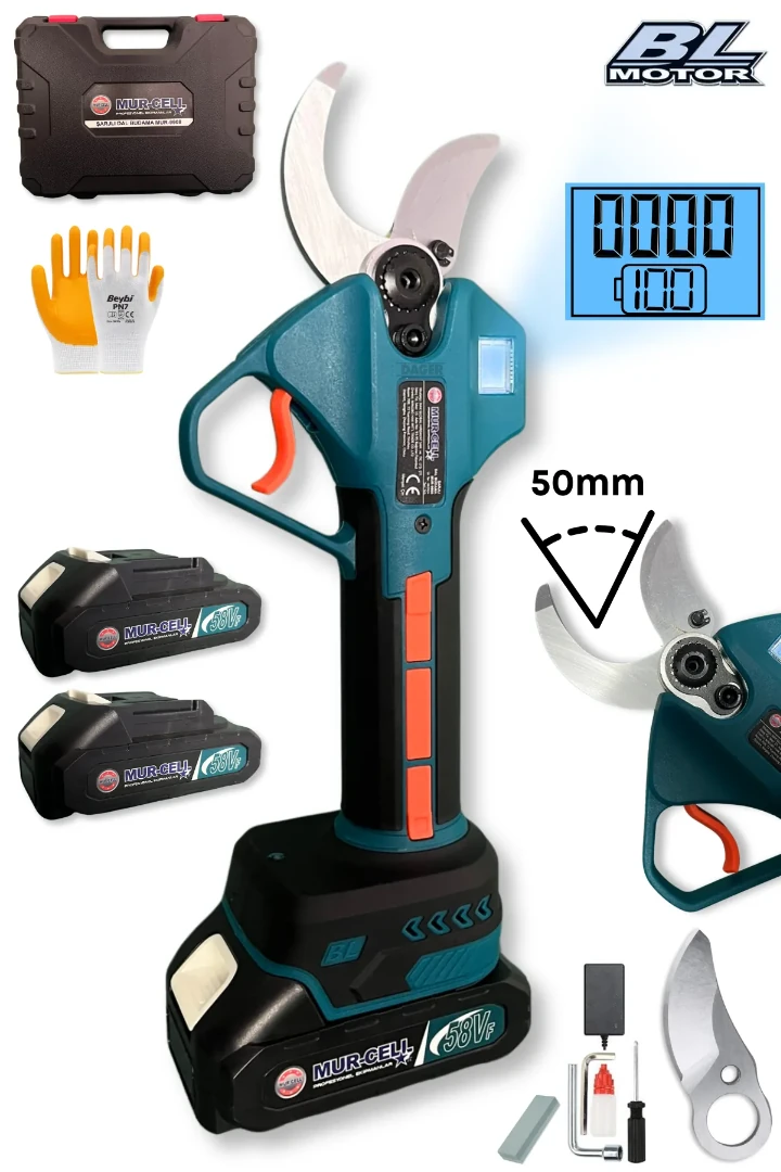 MURCELL ADN0715 Şarjlı Budama Makası | 50mm Kesim, Dijital Göstergeli, Kömürsüz Motorlu Profesyonel Bahçe Makası