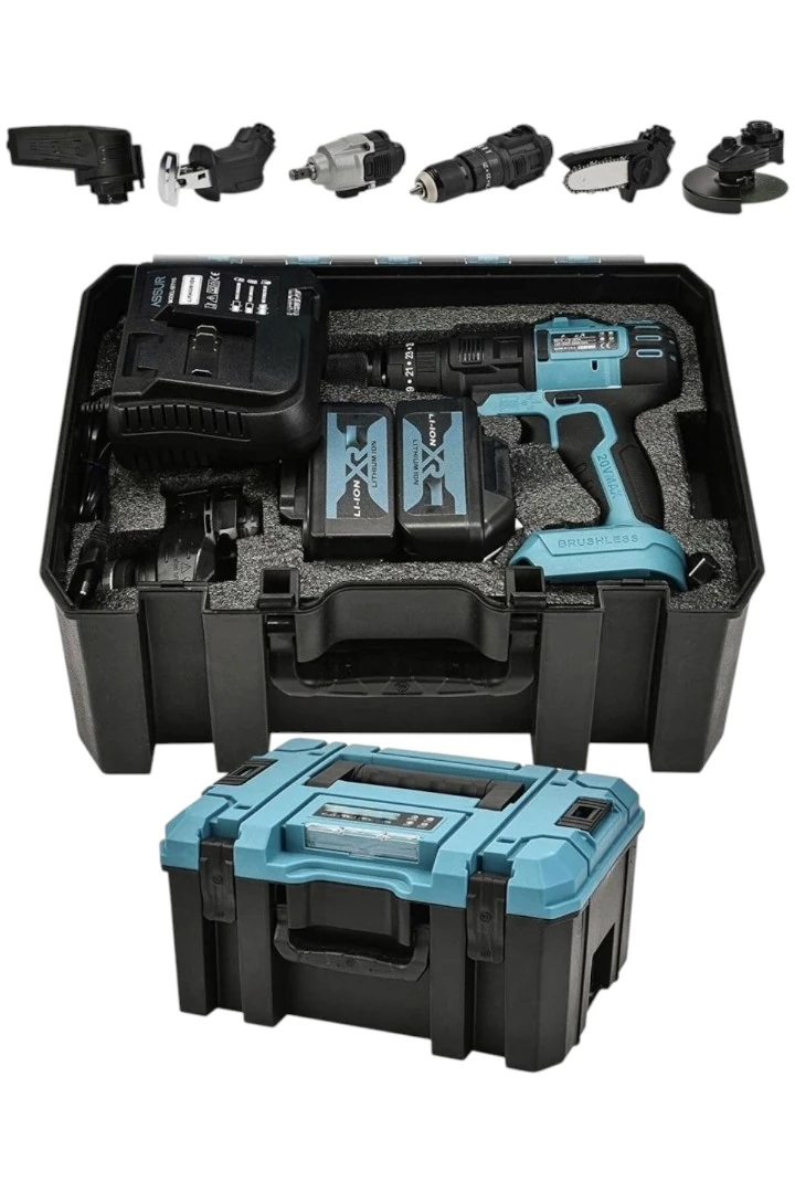 ASSUR ADN0008 36V Şarjlı Altı Kafalı Profesyonel Set – Kömürsüz Matkap, Taşlama, Budama Testeresi, Somun Sıkma, Tilki Kuyruğu ve Hava Pompası