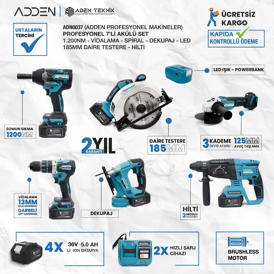 ADDEN ADN-SET-0035 7'li Kömürsüz Motorlu Profesyonel Şarjlı Takım Seti Somun Sıkma Daire Testere Vidalama Hilti Dekupaj Taşlama