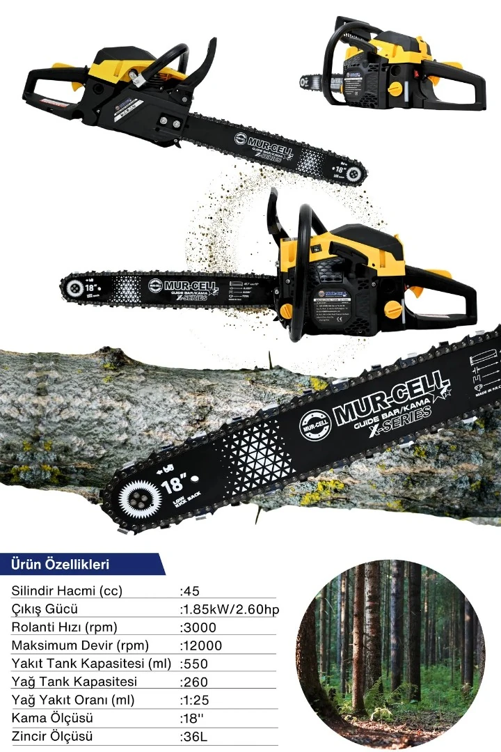 Mur-Cell ADN0718  58CC 2.5kW 45cm 18 inç Benzinli Motorlu Zincirli Testere Sarı Siyah