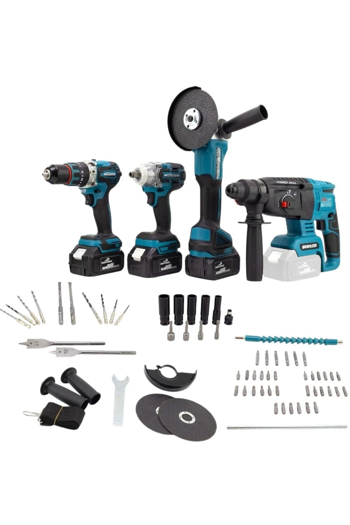 DAWREEK ADN0012 36V Şarjlı Dörtlü Set – Kömürsüz Matkap, Taşlama, Kırıcı Hilti ve Somun Sıkma