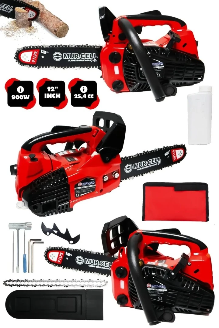 Mur-Cell ADN0719 25cc 1.1kW 29cm 12 inç Mini Benzinli Zincirli Testere Kırmızı
