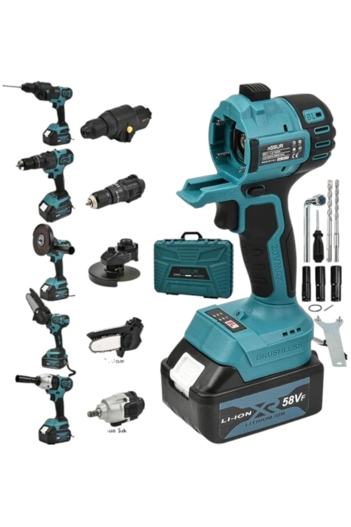 ASSUR ADN0008 36V Şarjlı Altı Kafalı Profesyonel Set – Kömürsüz Matkap, Taşlama, Budama Testeresi, Somun Sıkma, Tilki Kuyruğu ve Hava Pompası