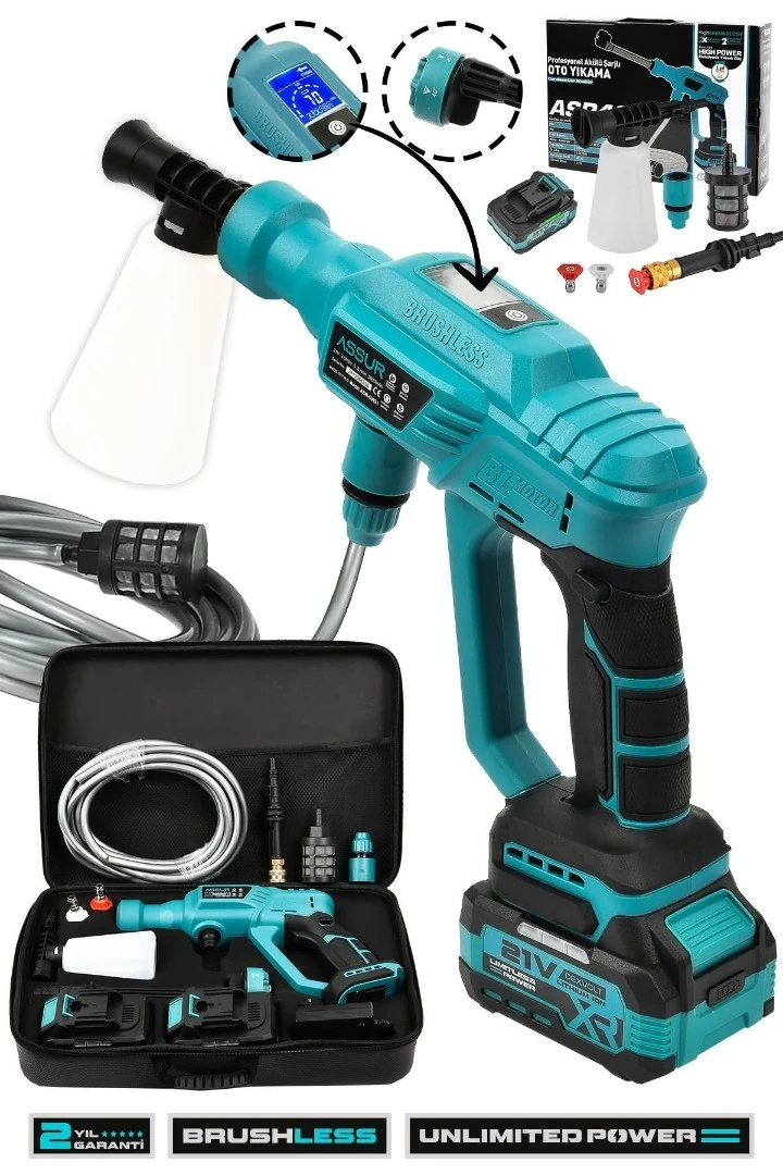 ASSUR ADN0806 36W Göstergeli Şarjlı Basınçlı Araç Yıkama Makinesi 100 Bar TR