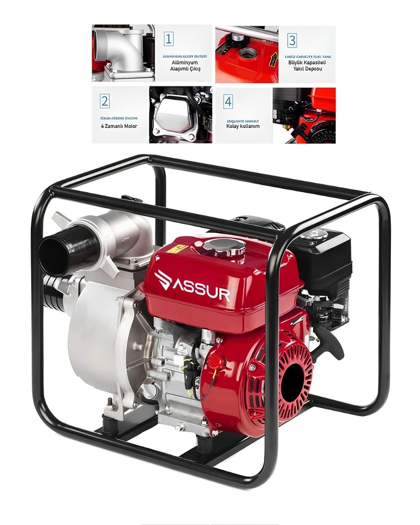 ASSUR ADN0854 3&quot; Benzinli Su Motoru 6.5HP 800L/dk 30m Basma Döküm Pervaneli 4 Zamanlı Taşınabilir Su Pompası