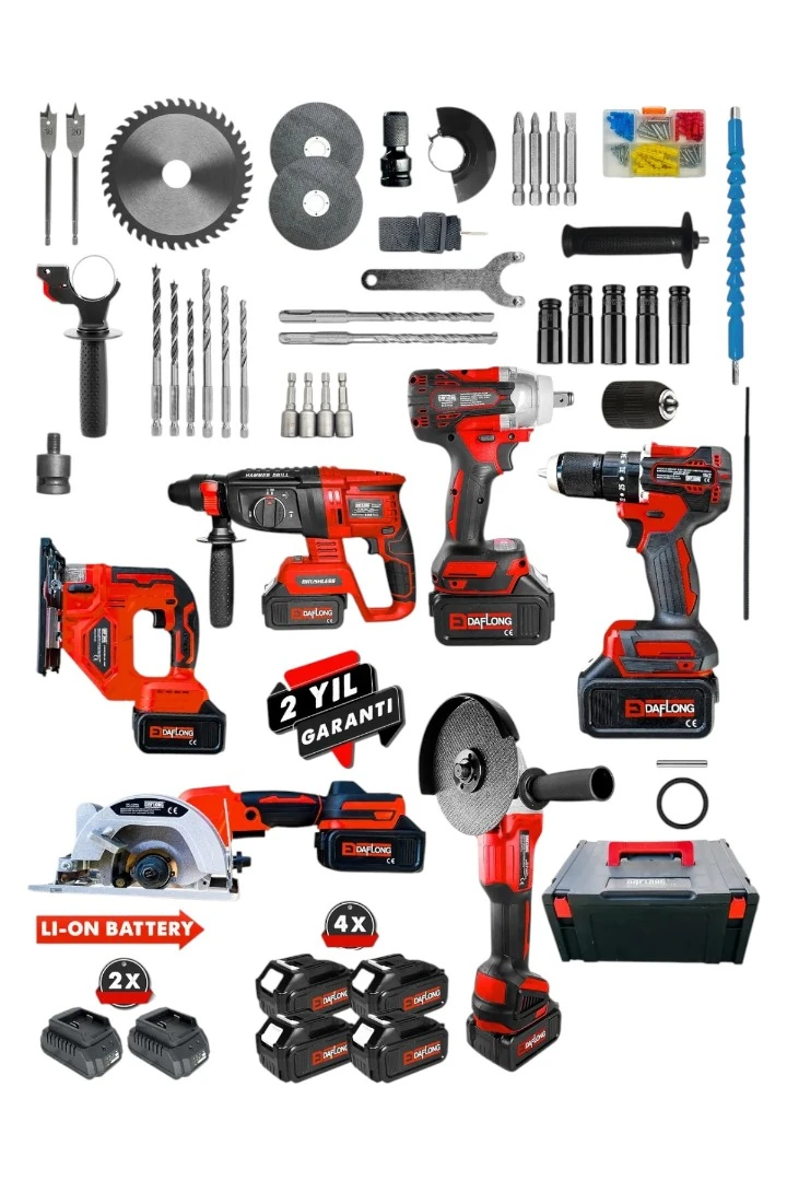 Daflong ADN0033 Kömürsüz Bakır Sargılı Profesyonel Yedili Akülü Alet Seti