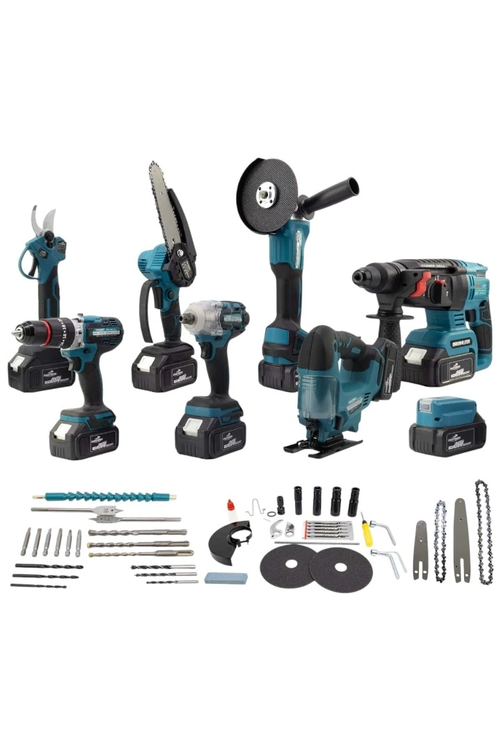 DAWREEK ADN0017 21V Şarjlı Sekizli Set – Matkap, Somun Sıkma, Hilti, Taşlama, Dekupaj, Budama, LED Lamba