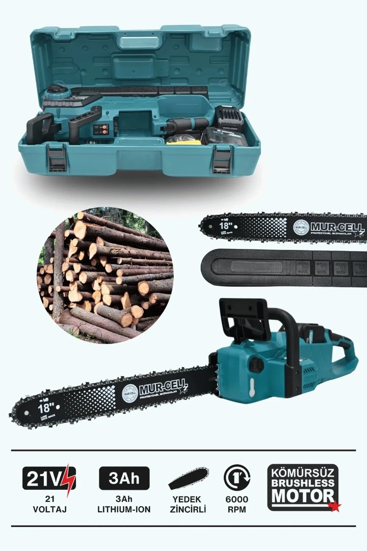 Mur-Cell ADN0726 21V 4Ah 2 Adet 20 Pilli Bataryalı 45cm 18 inç İki Devirli Şarjlı Zincirli Testere