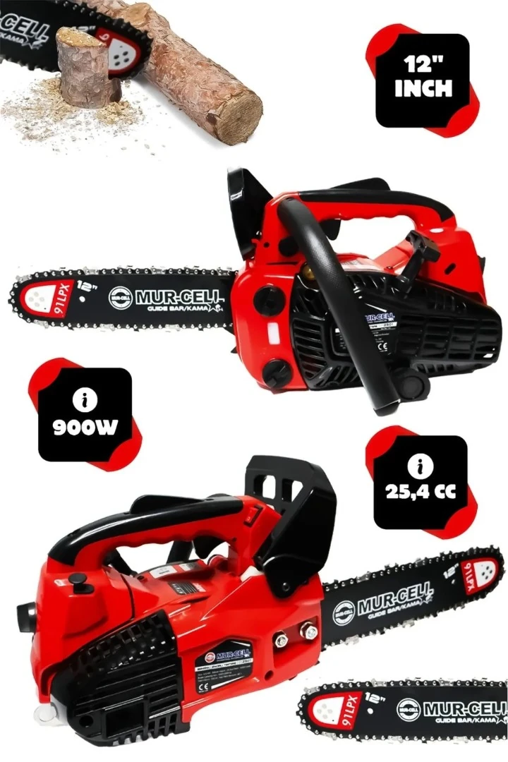 Mur-Cell ADN0719 25cc 1.1kW 29cm 12 inç Mini Benzinli Zincirli Testere Kırmızı