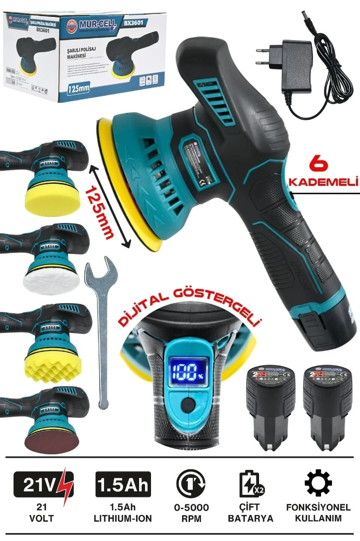 MURCELL ADN0306 21W Şarjlı Polisaj Makinesi 125mm 6 Kademeli Kablosuz Pratik Temizlik Cihazı