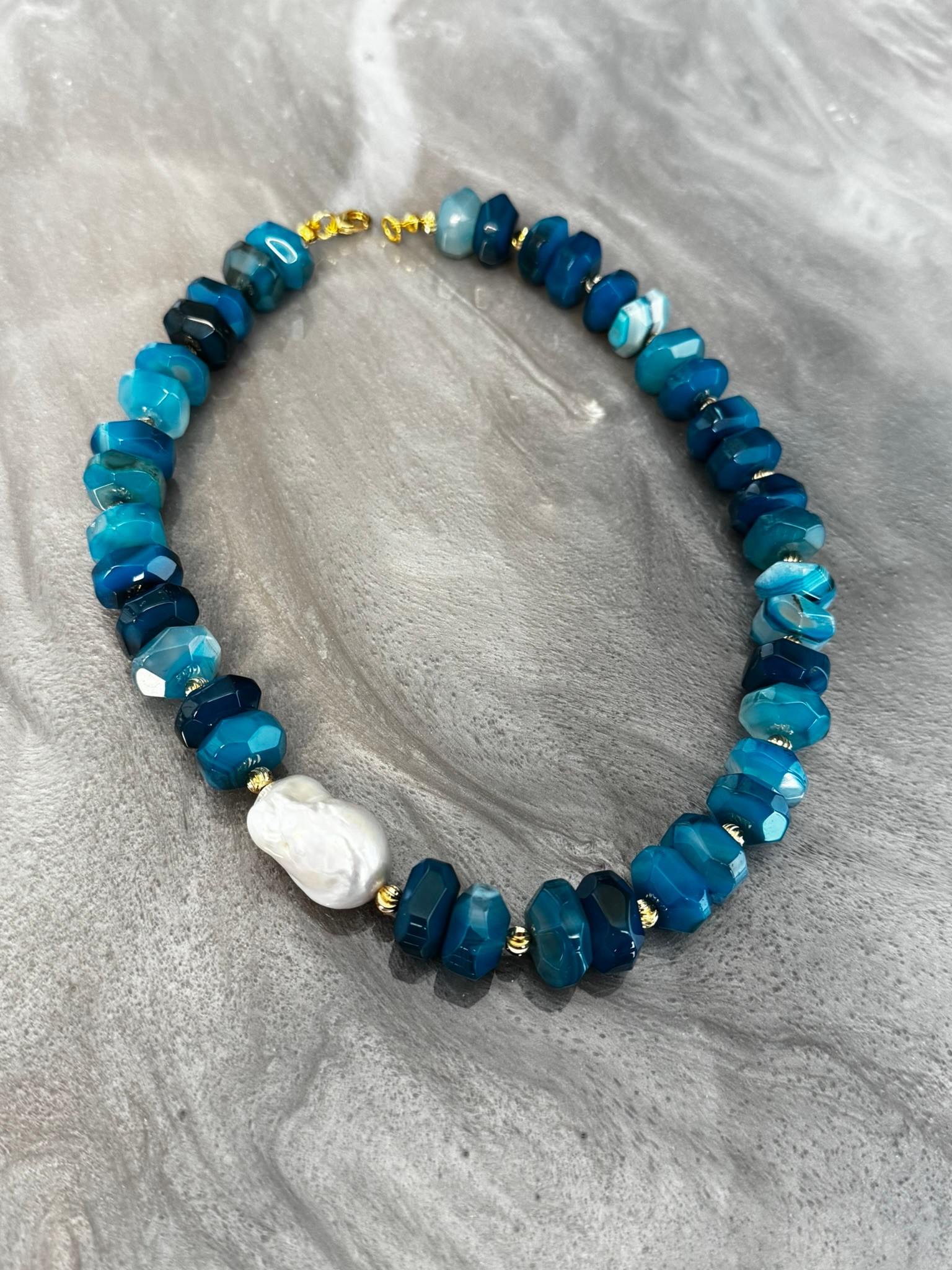 Blue Agate and Baroque Pearl Necklace