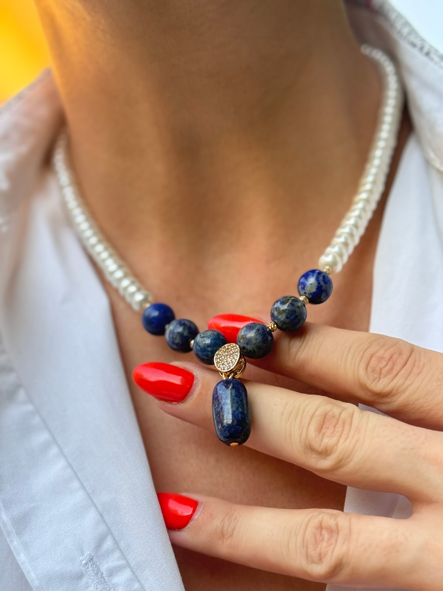 Yassı İnci Lapis Lazuli Kolye