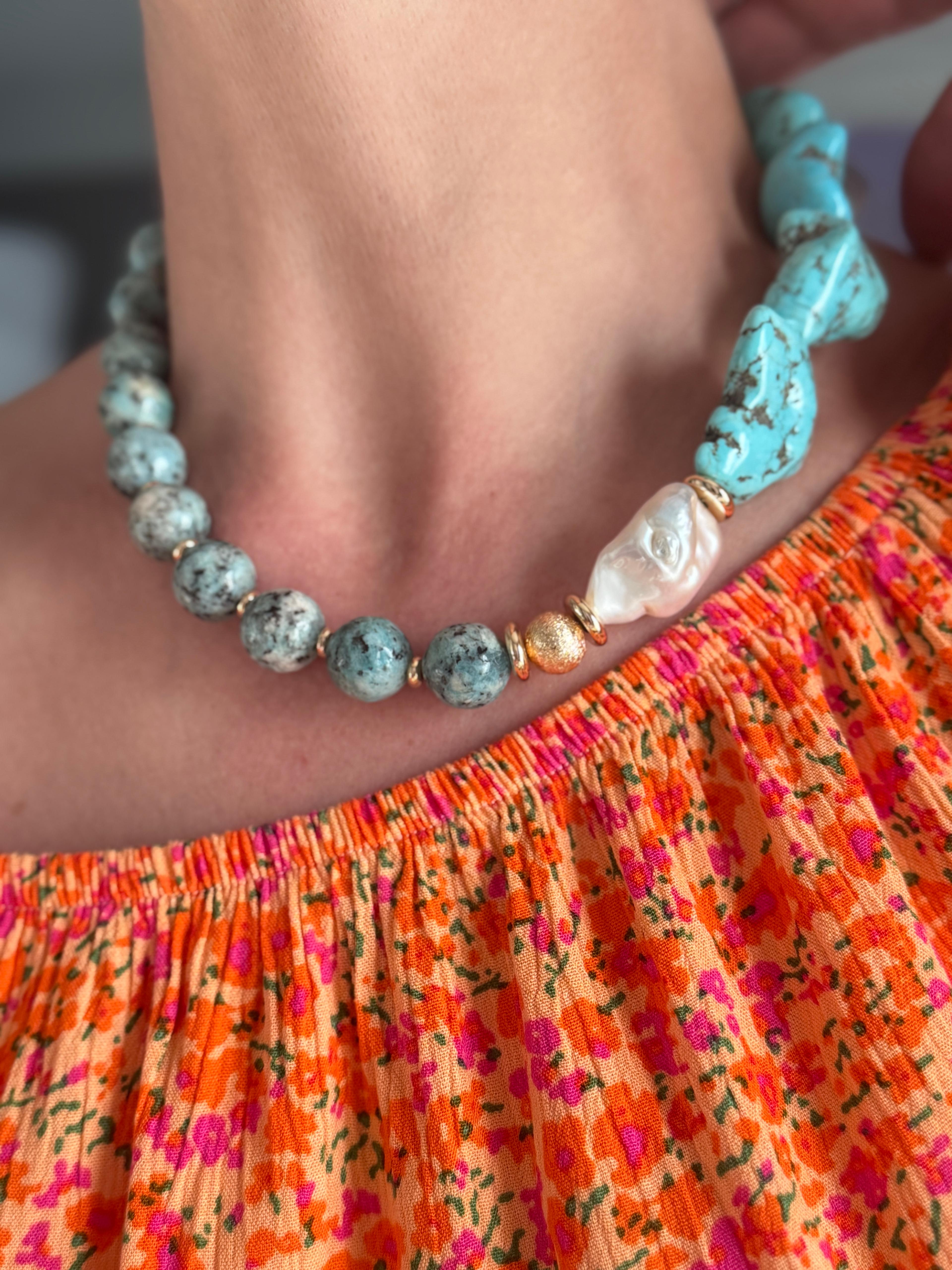 Turkuaz Barok İnci Choker Kolye