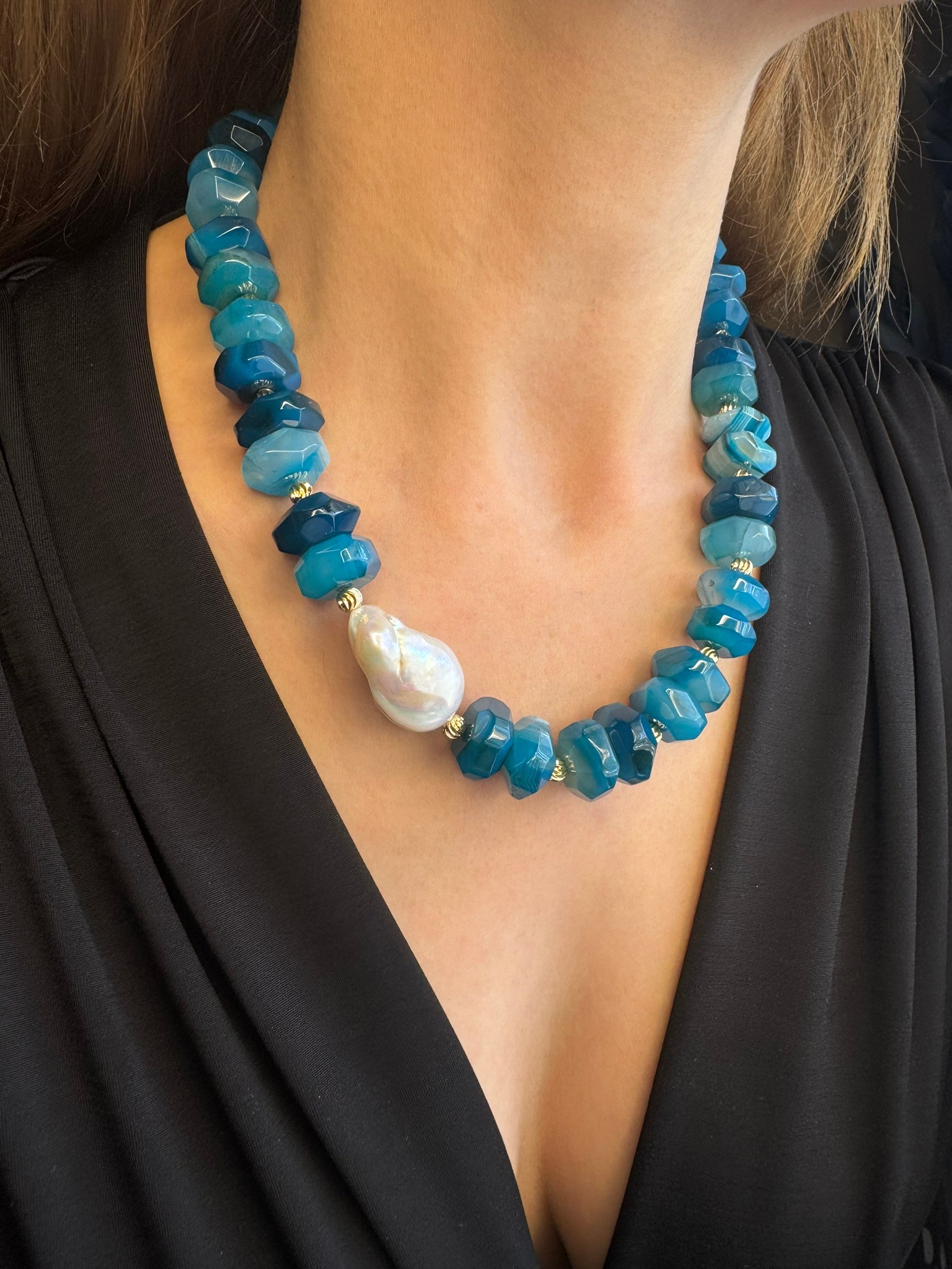 Blue Agate and Baroque Pearl Necklace