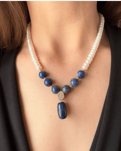 Yassı İnci Lapis Lazuli Kolye