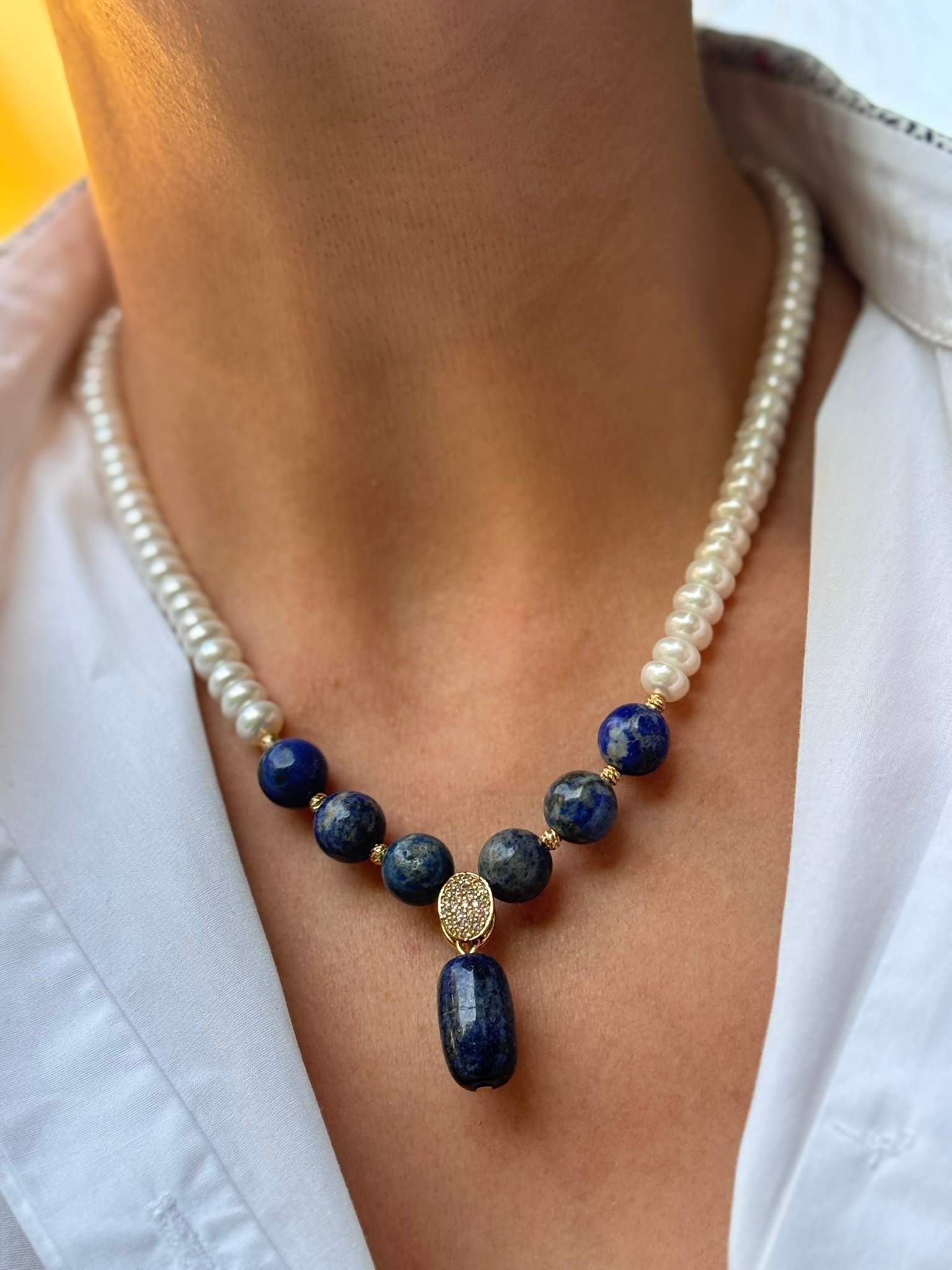 Yassı İnci Lapis Lazuli Kolye