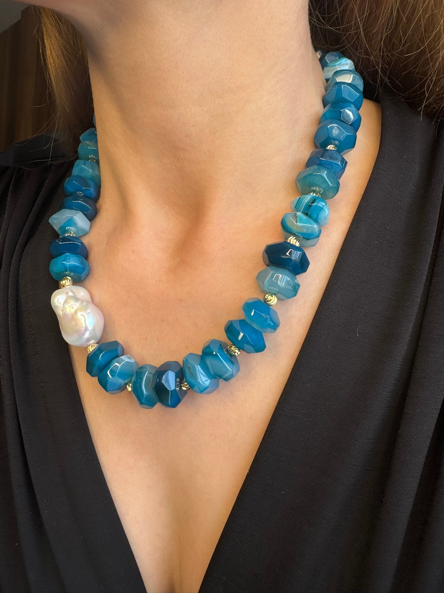 Blue Agate and Baroque Pearl Necklace