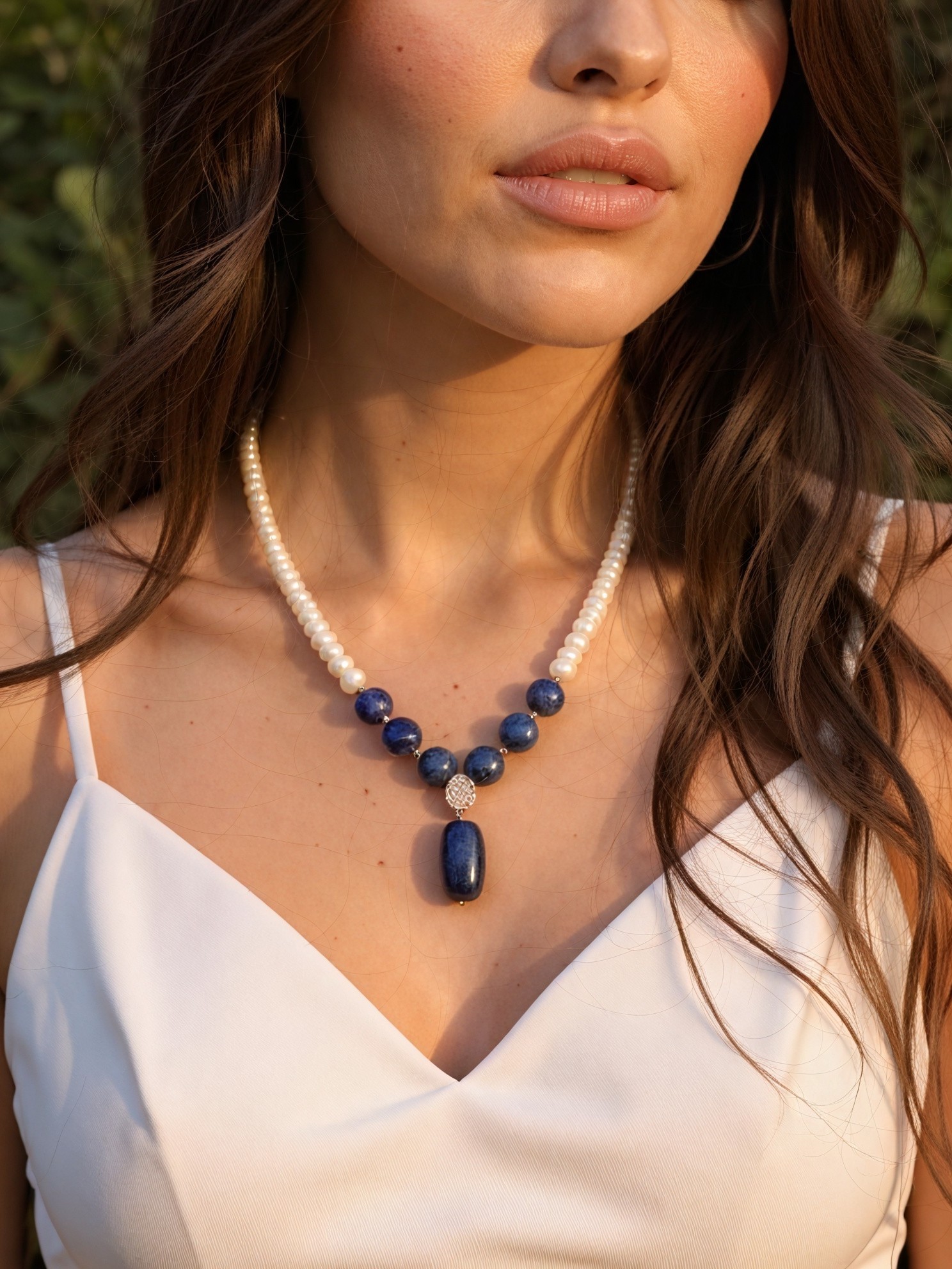 Yassı İnci Lapis Lazuli Kolye