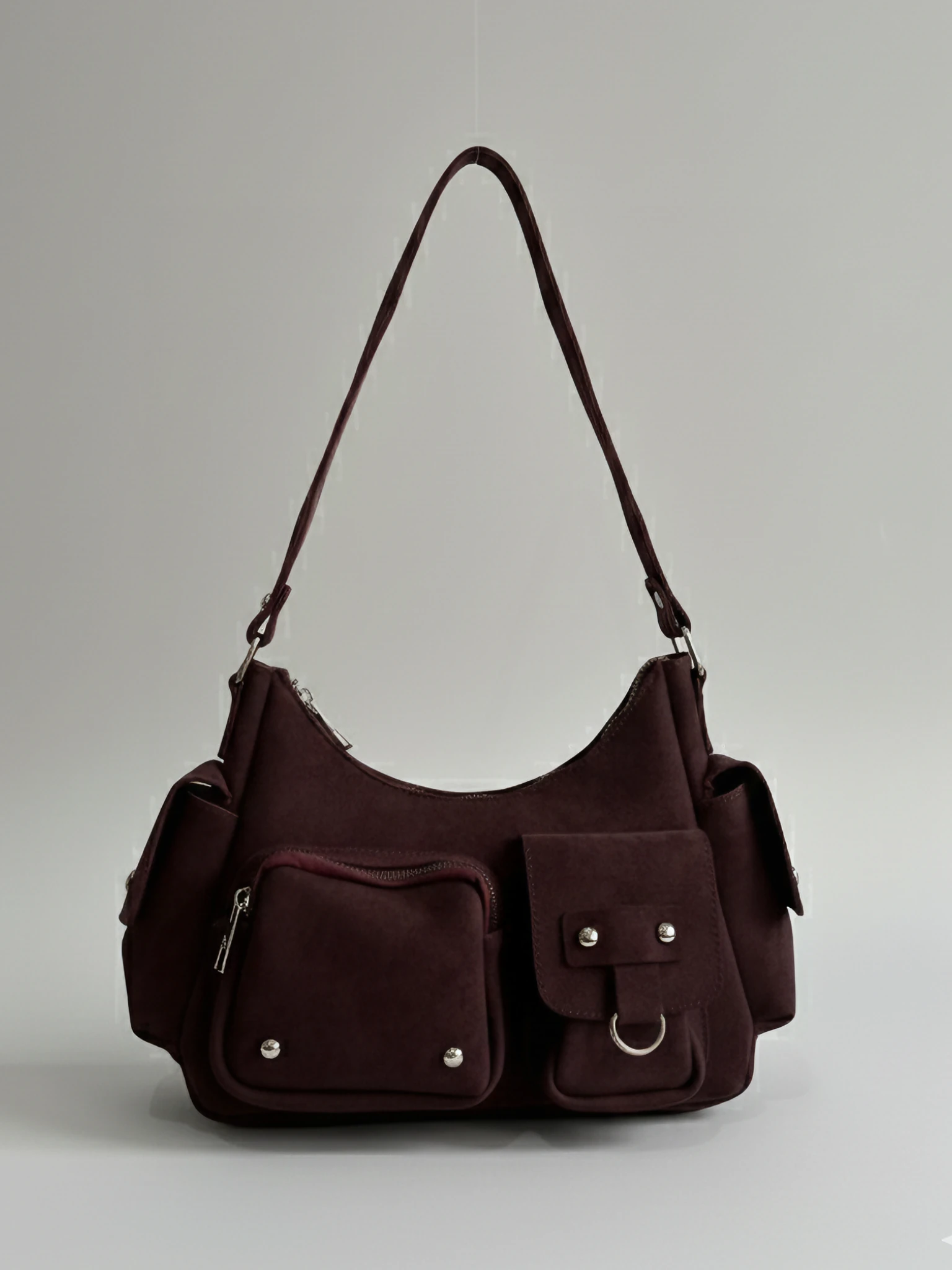 Kadın Çok Cepli Süet Omuz Çantası - Ema - BORDO