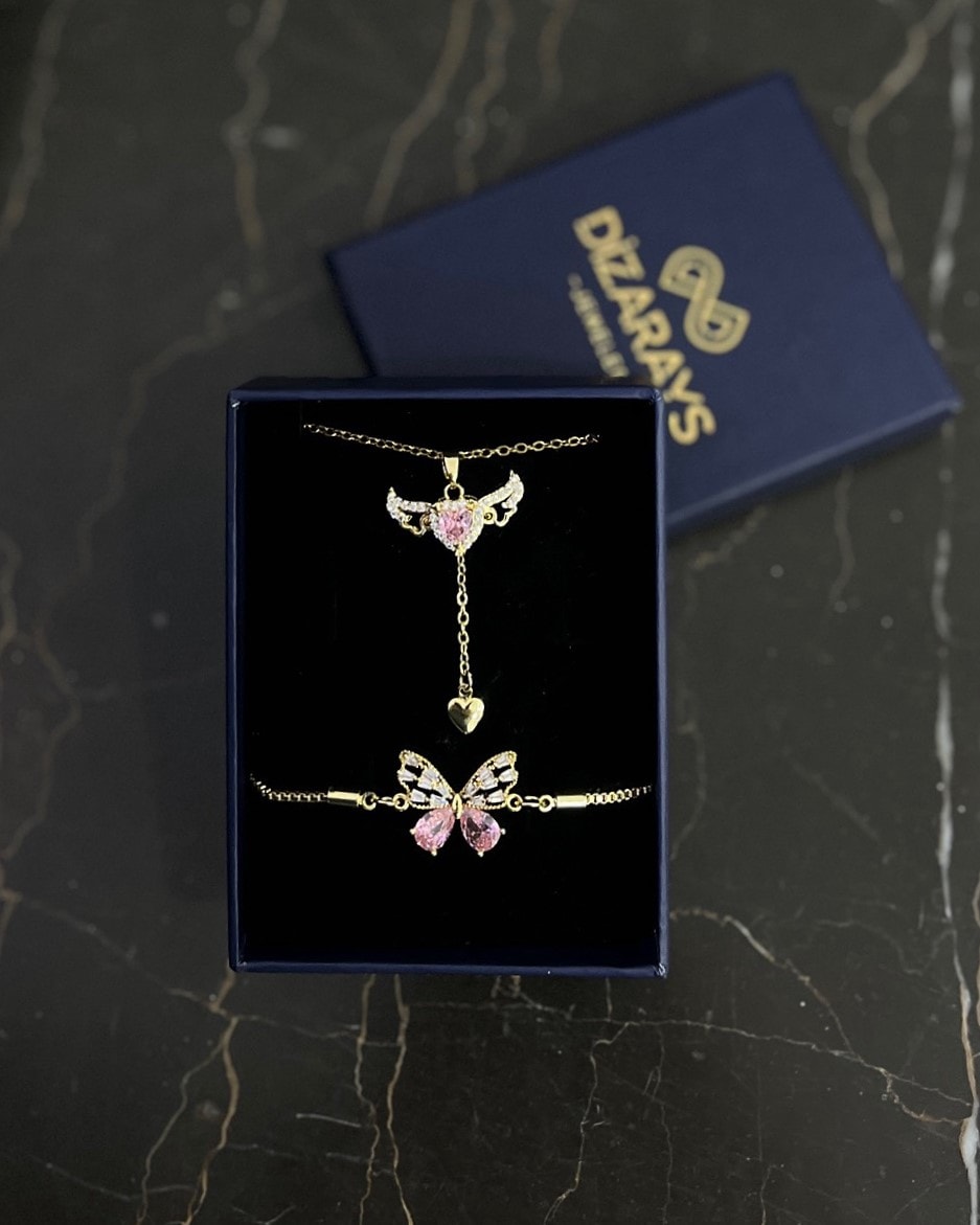 Pembe Taşlı Kolye Bileklik set