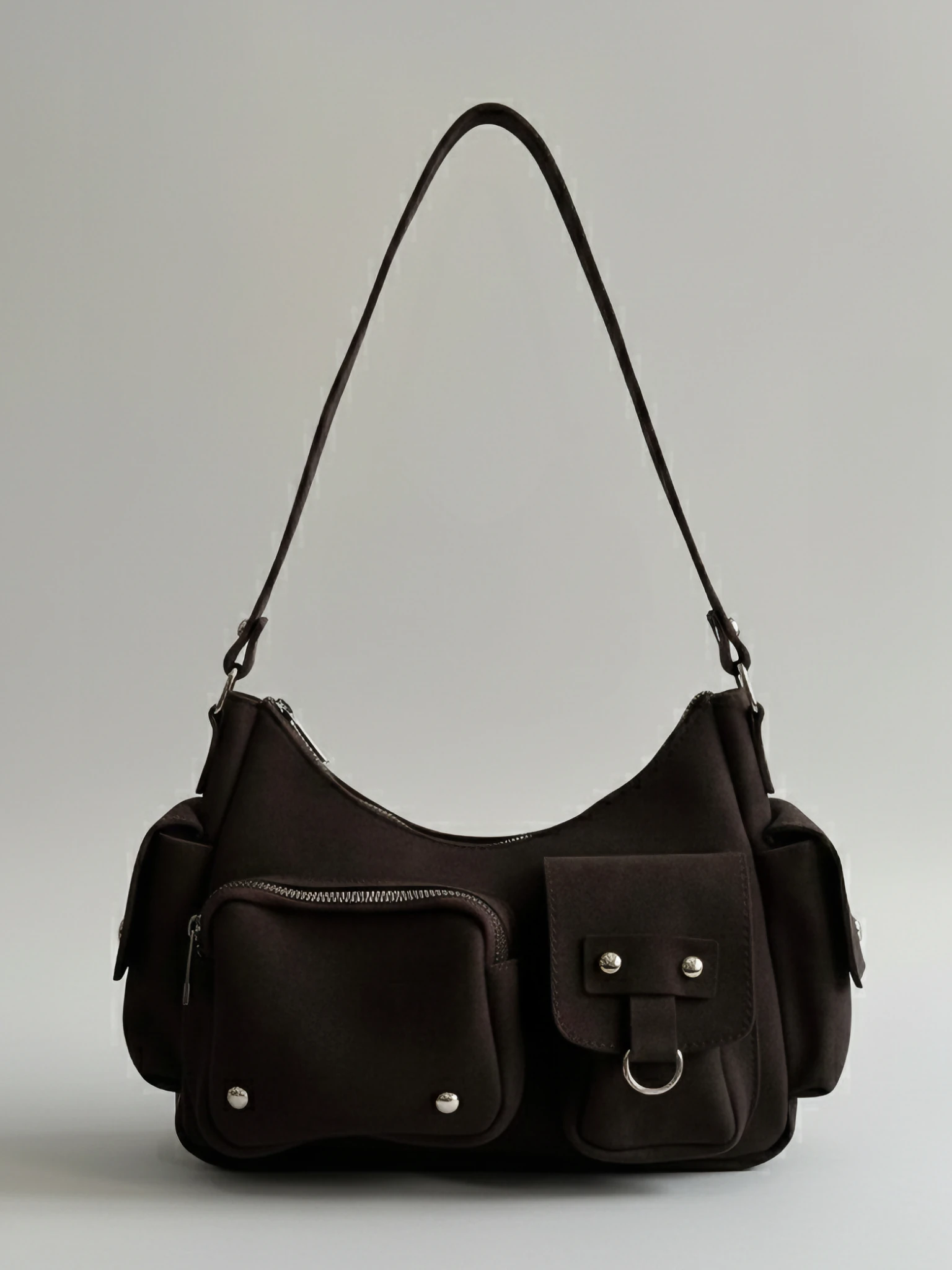 Kadın Çok Cepli Süet Omuz Çantası - Ema - KAHVE