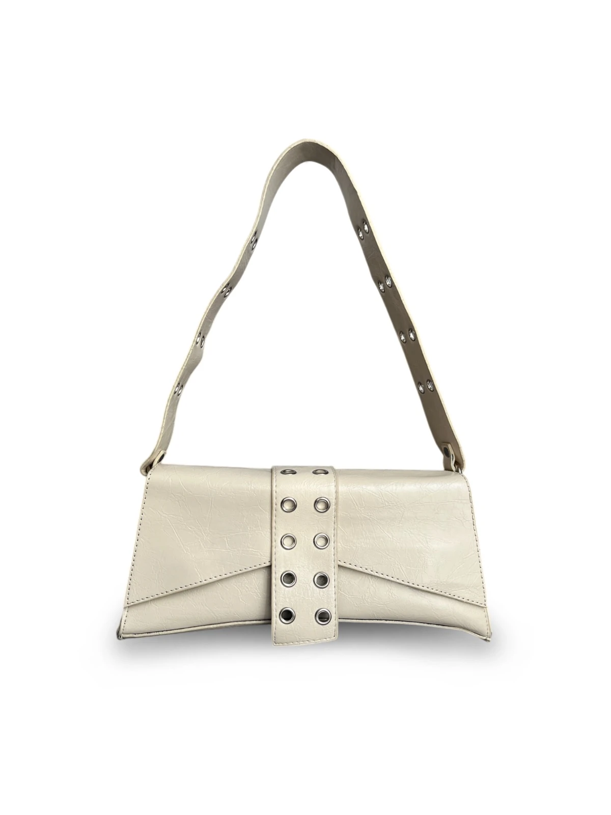 Kadın Asimetrik Zımbalı Baget Çanta - ZENDA - Krem