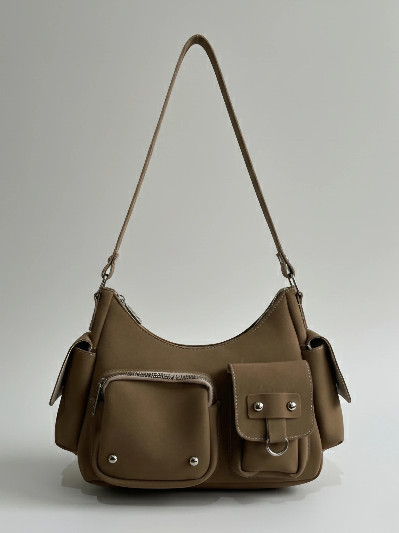 Kadın Çok Cepli Süet Omuz Çantası - Ema - VİZON