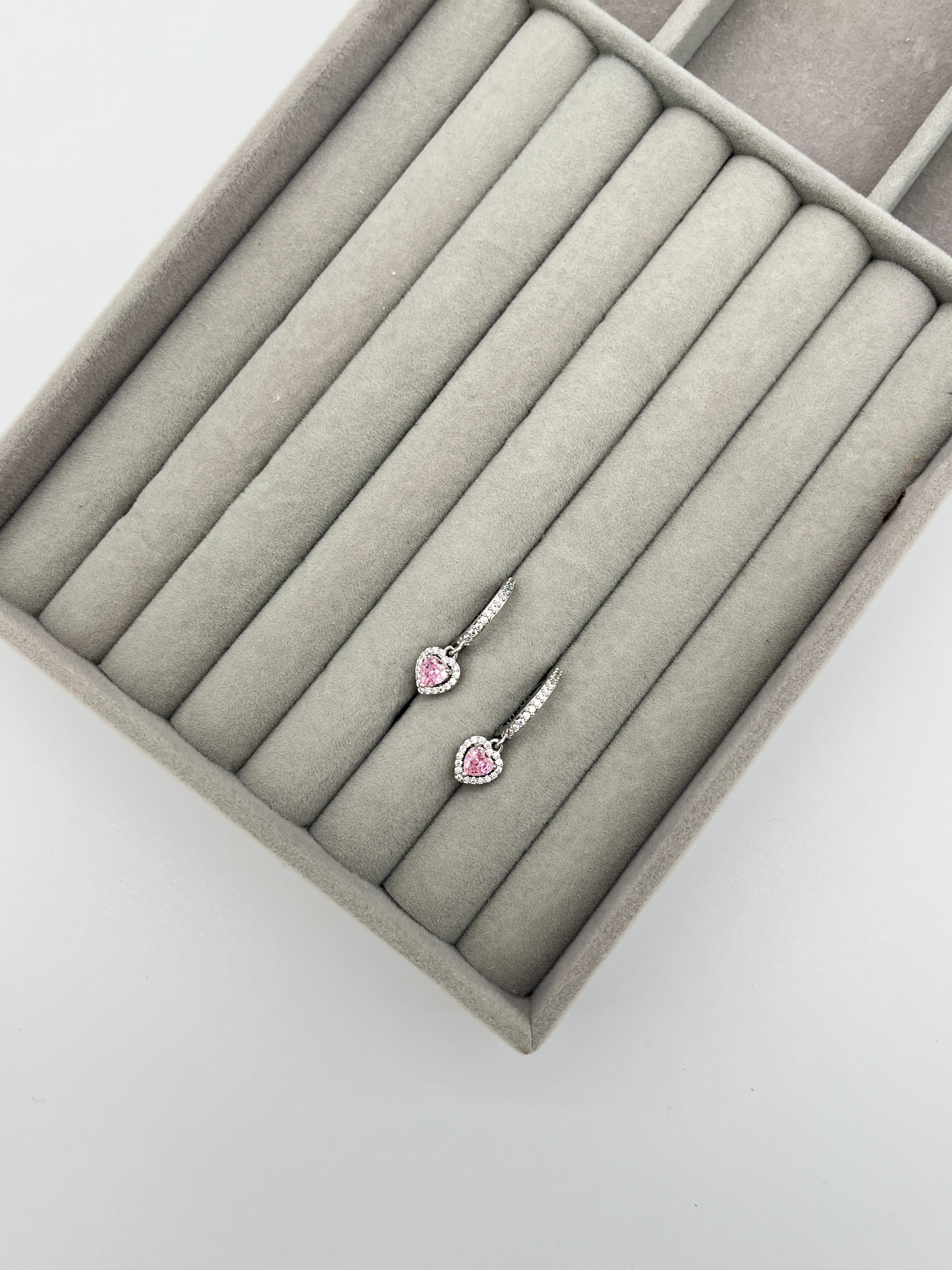 Pembe taşlı kalp tasarımlı küpe - SILVER