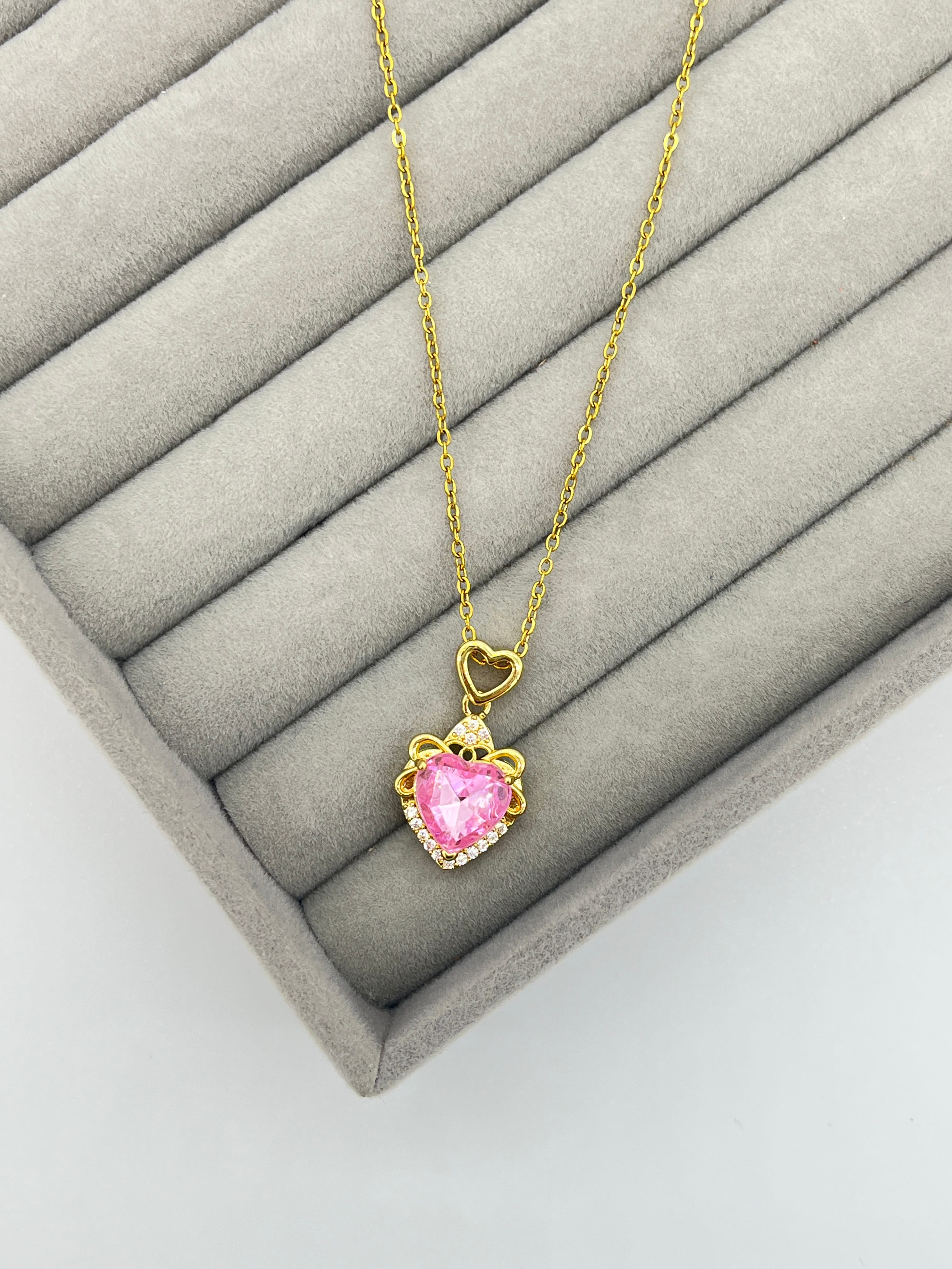 Pembe Kalpli Taşlı Kolye - GOLD