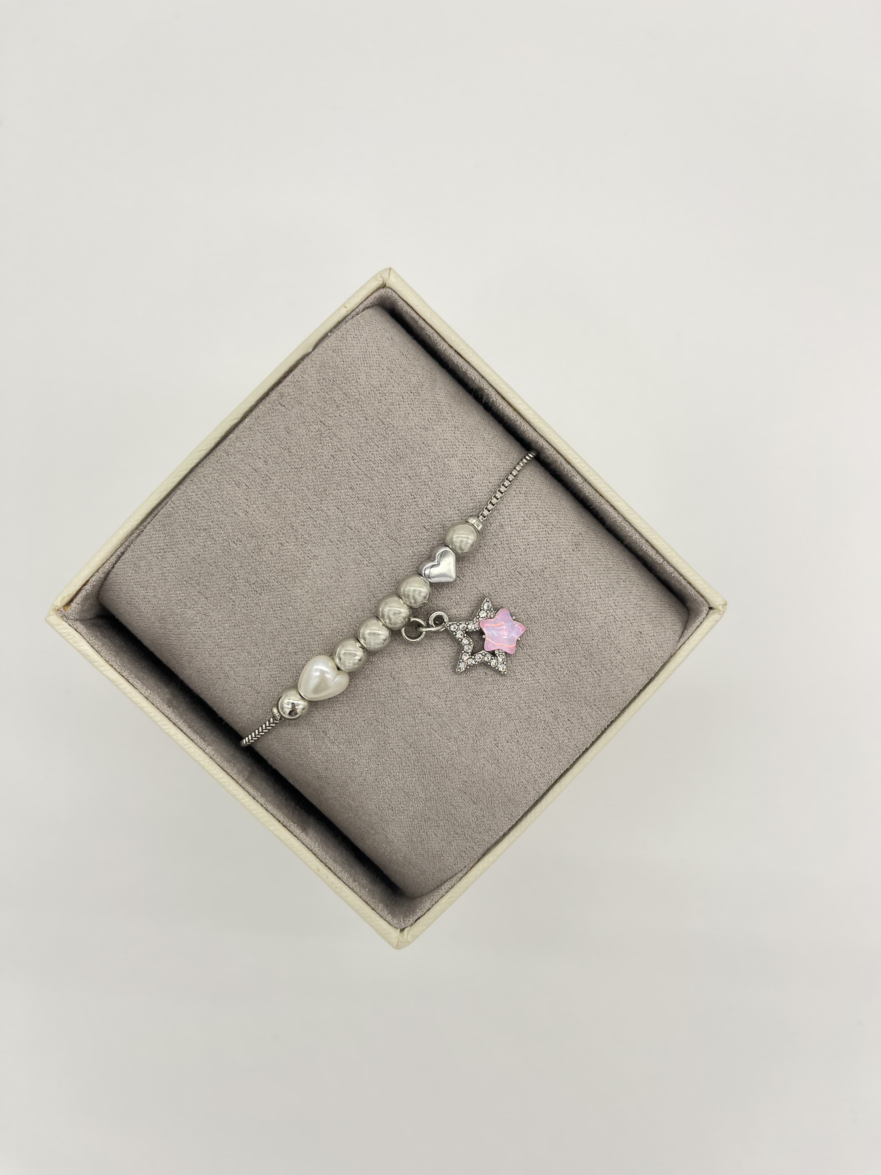 Pembe Taşlı Boncuklu Yıldız Bileklik - SILVER
