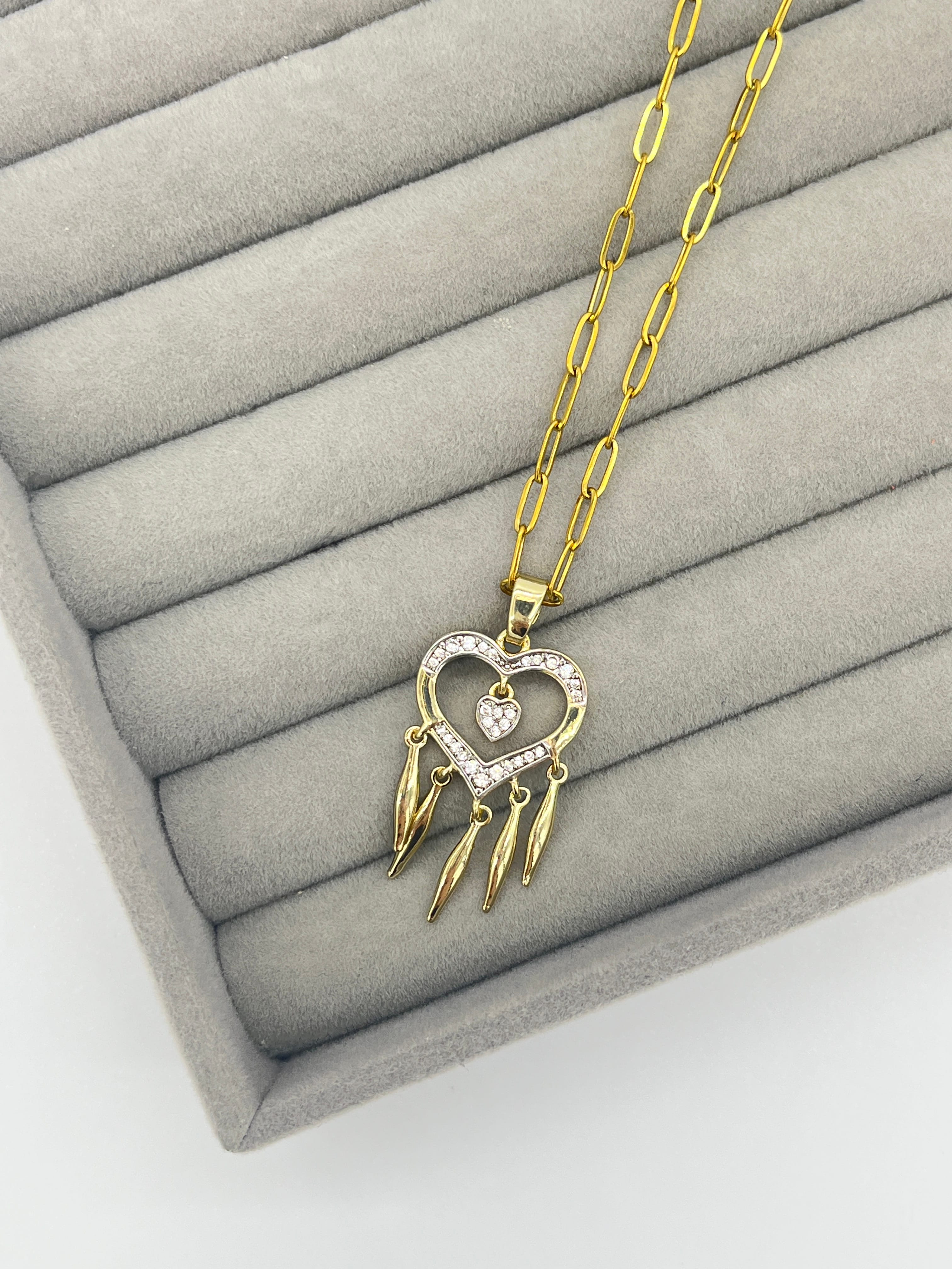 Sallantılı Taşlı Kalp Kolye - GOLD