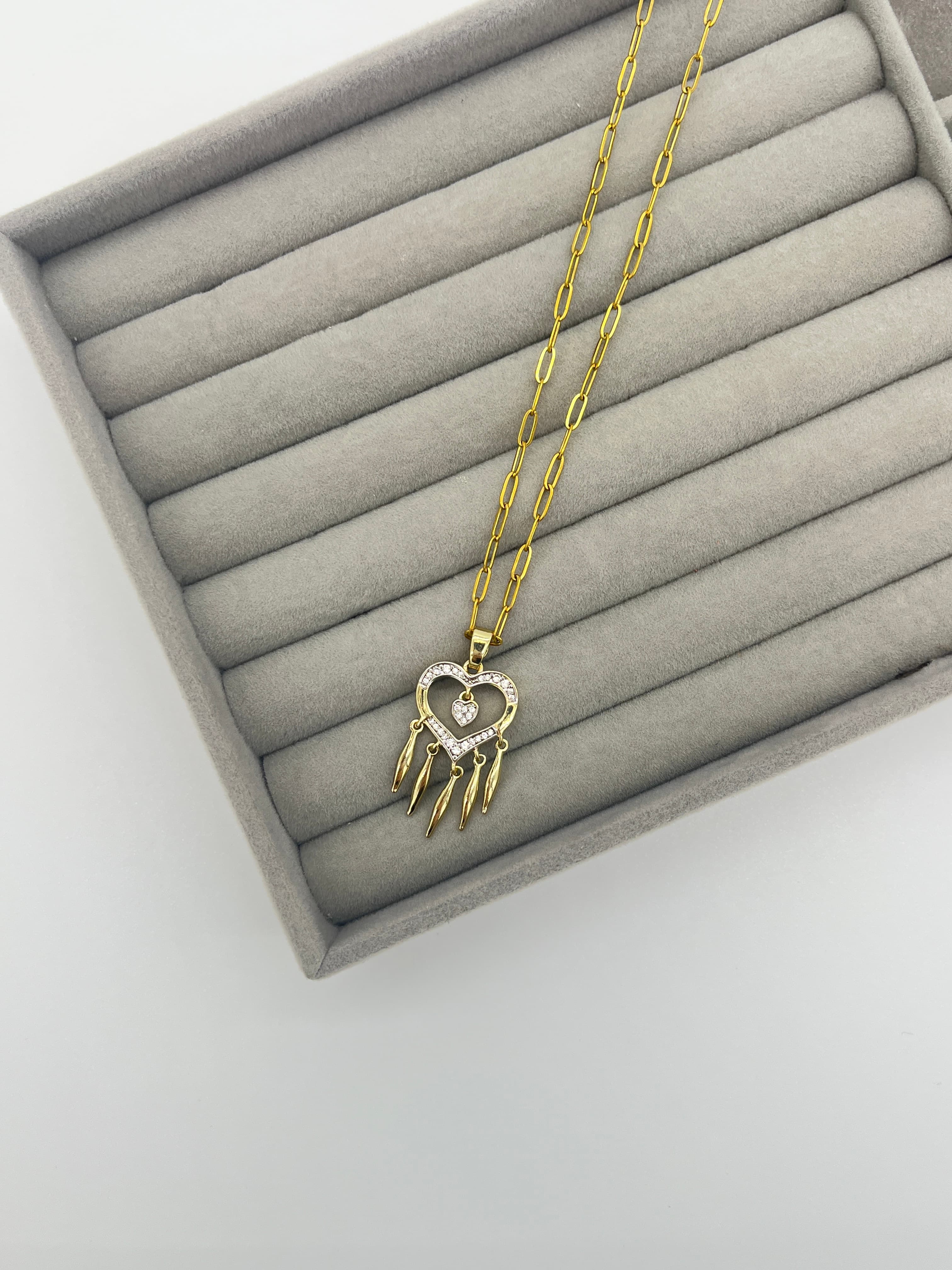 Sallantılı Taşlı Kalp Kolye - GOLD