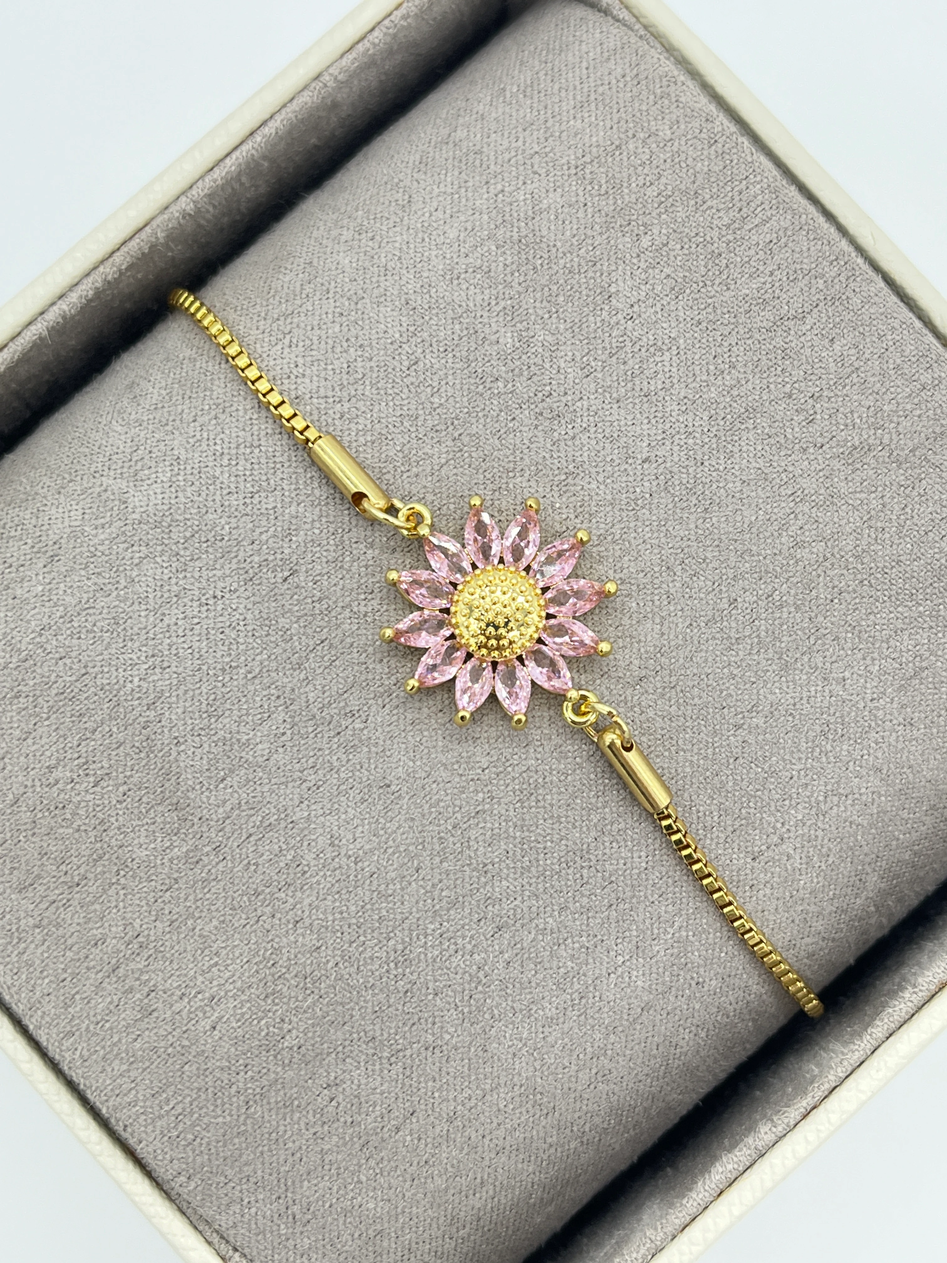 Pembe Taşlı Ayçiçeği Bileklik - GOLD