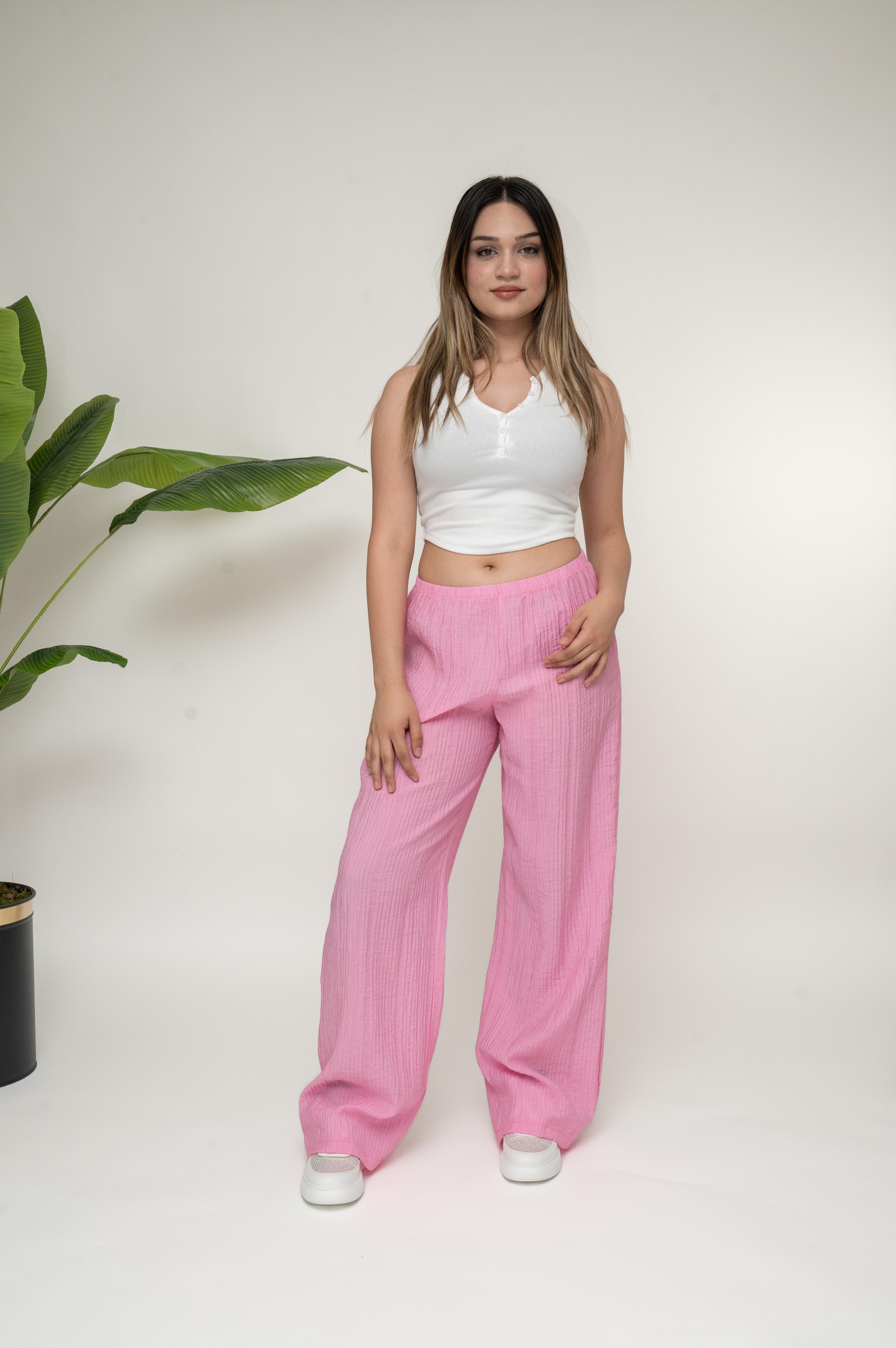 GOFRE KUMAŞ GENİŞ PAÇA PANTOLON PEMBE
