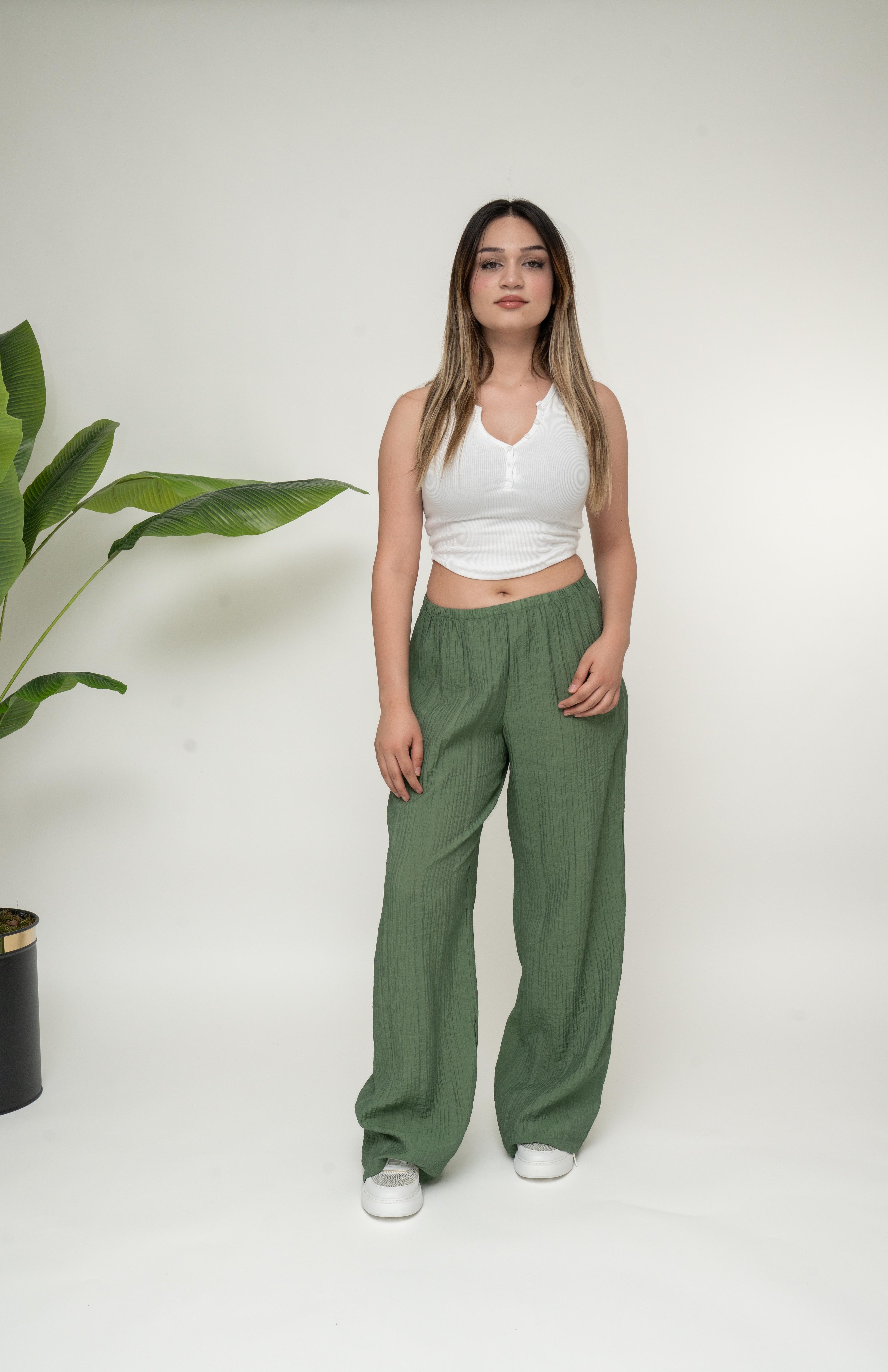 GOFRE KUMAŞ GENİŞ PAÇA PANTOLON HAKİ 