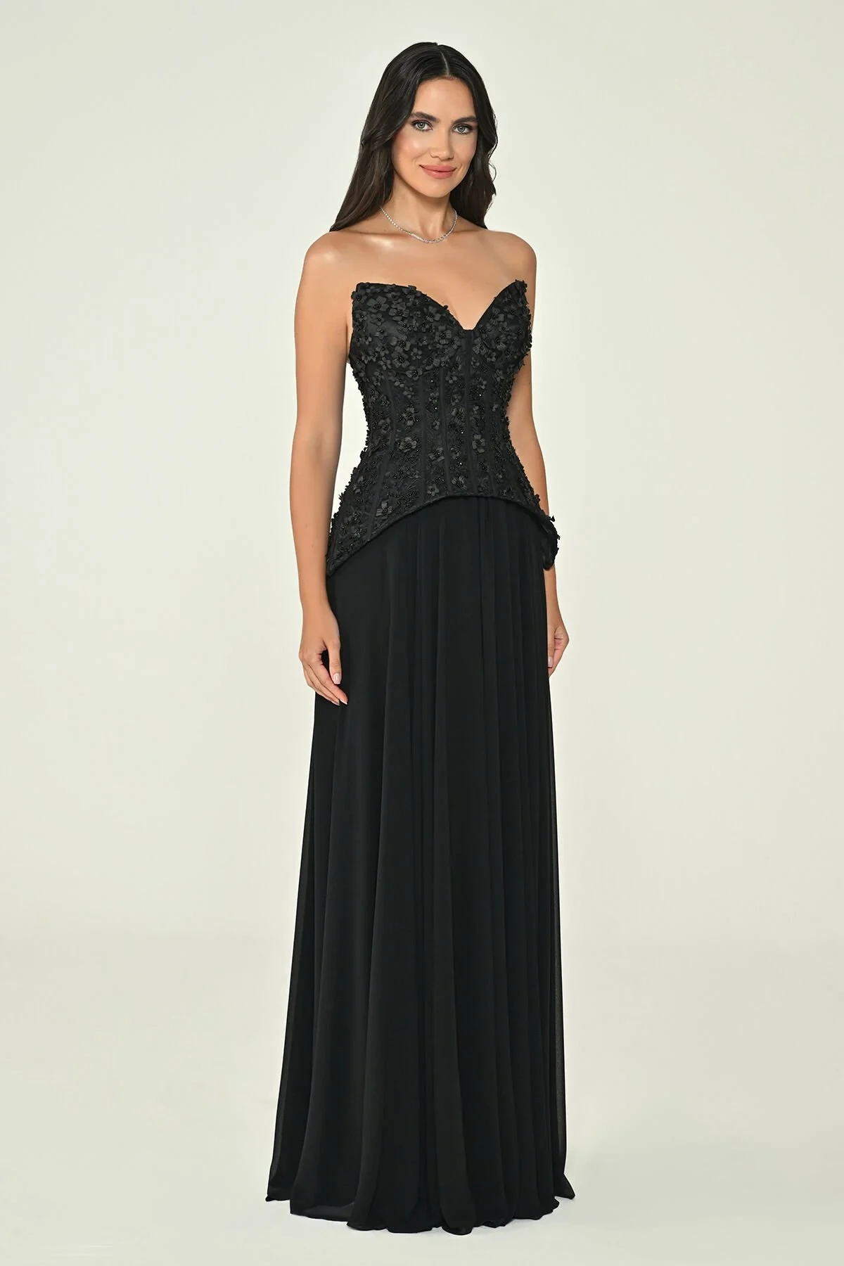 Straplez Üst Çiçekli Payet Eteği Şifon Uzun Elbise