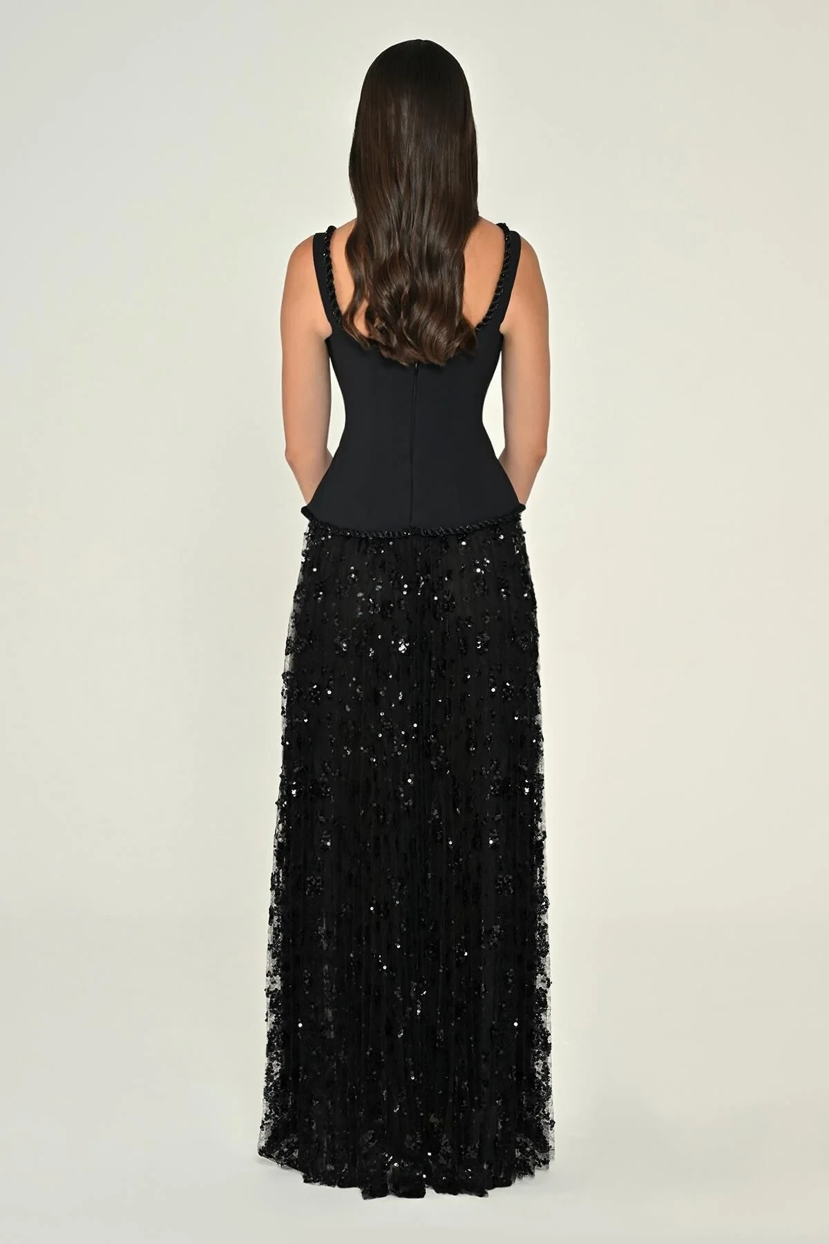 Askılı Önden Yırtmaçlı Payet Uzun Elbise