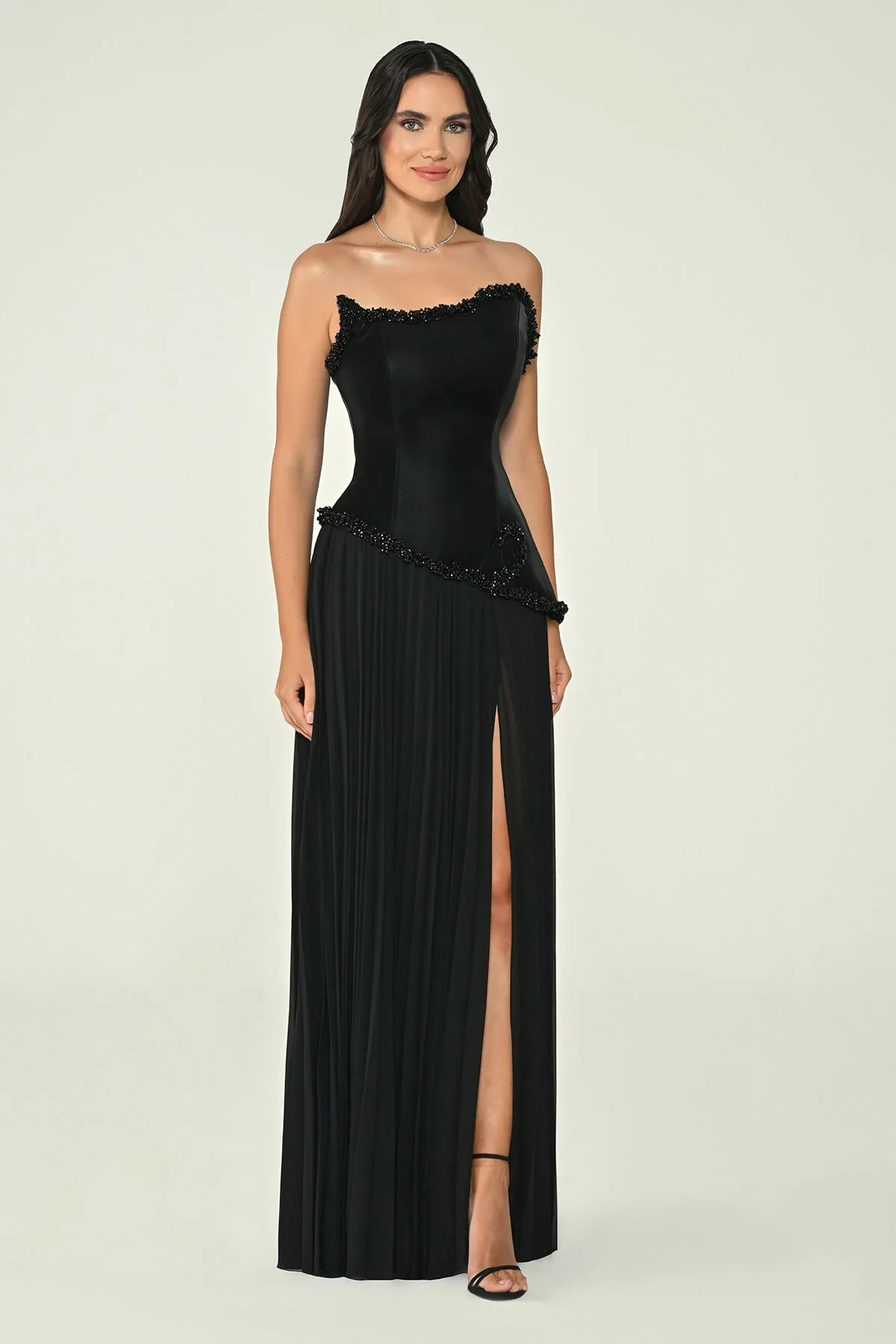 Straplez Üstü Lateks Eteği Şifon Uzun Elbise