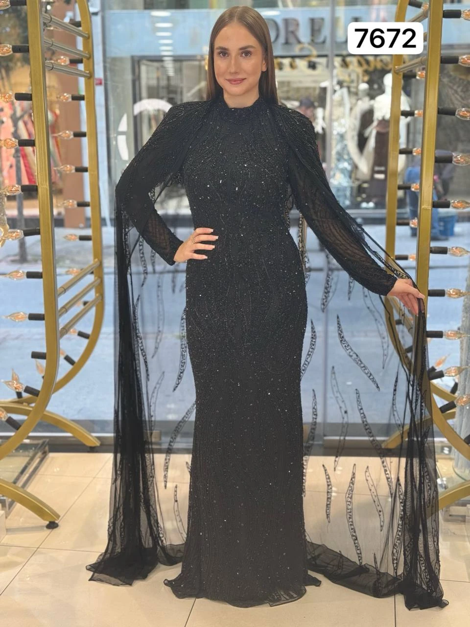 Taş İşlemeli Şık Pelerin Detaylı Abiye Elbise