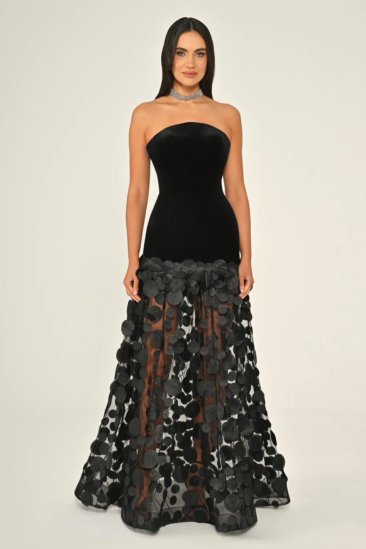 Straplez Üst Kadife Etek 3 Boyutlu Tül Uzun Elbise