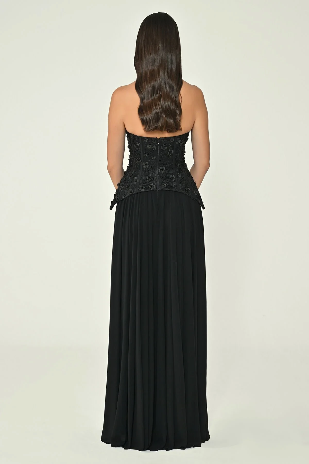 Straplez Üst Çiçekli Payet Eteği Şifon Uzun Elbise