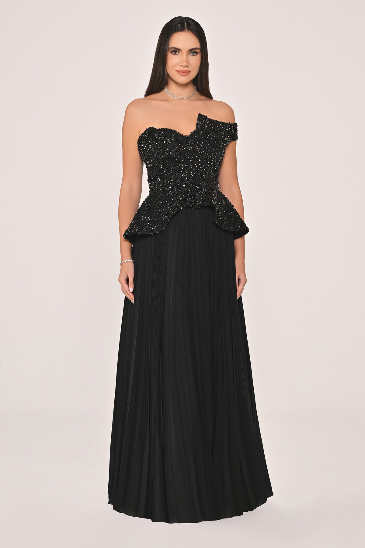 Draped Shoulder Sleeve Beaded Embroidered Dress