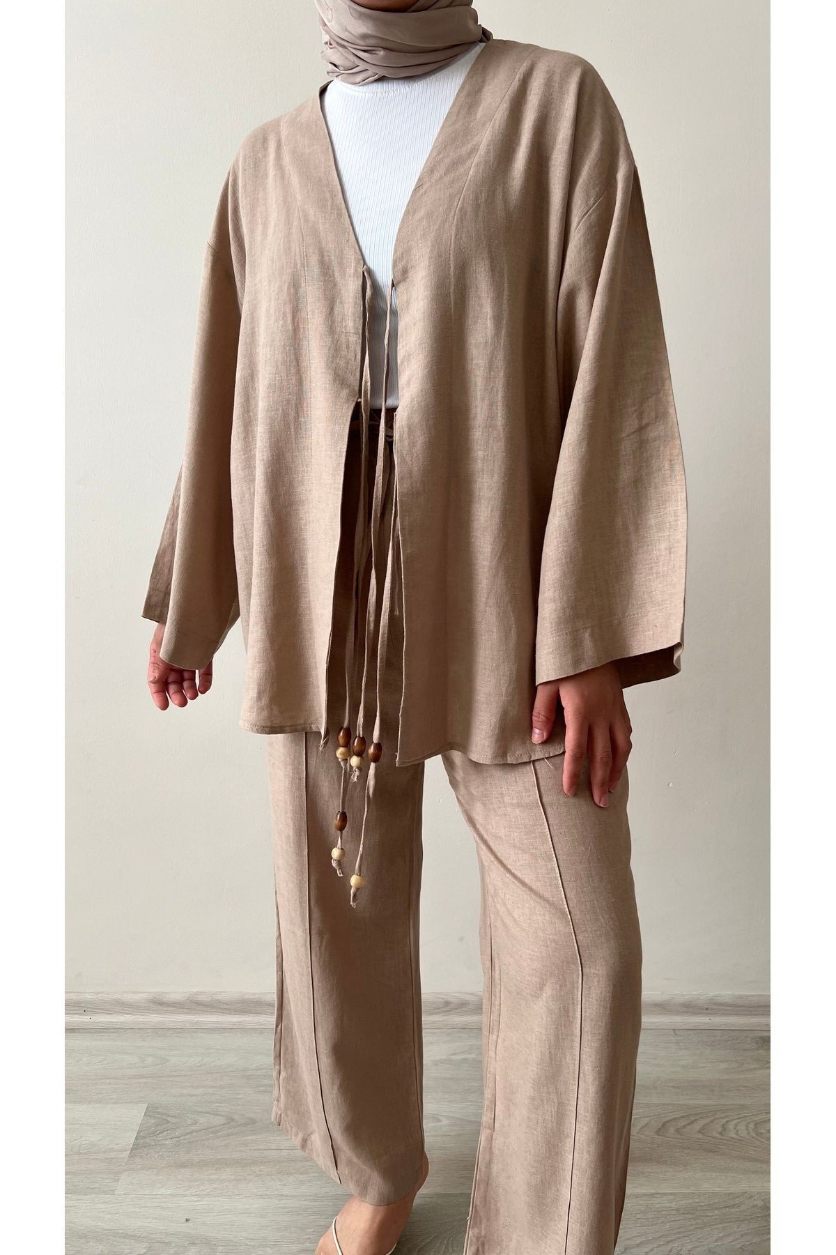 Bohem Bağlama Detay Bağcıklı İpli Keten Kimono Takım Camel Rengi