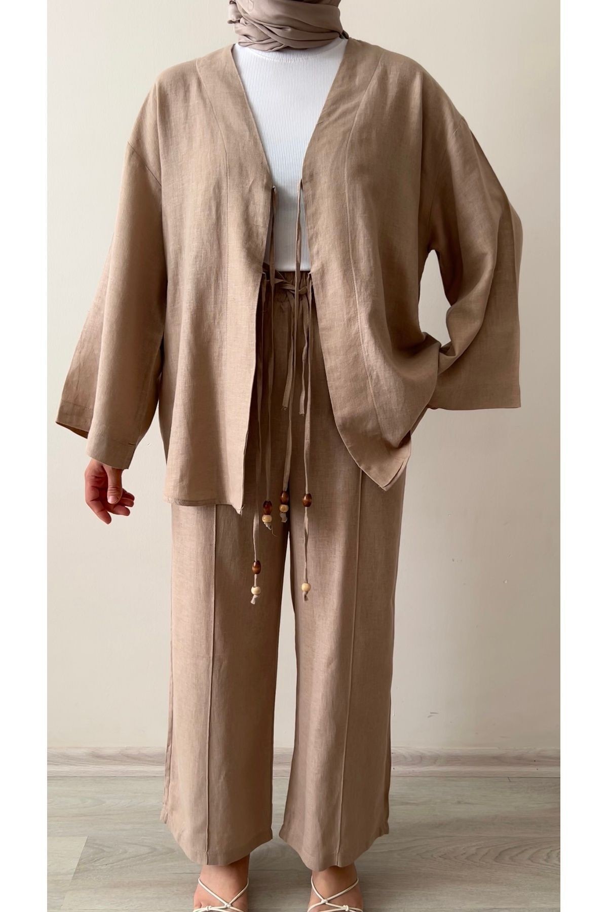 Bohem Bağlama Detay Bağcıklı İpli Keten Kimono Takım Camel Rengi