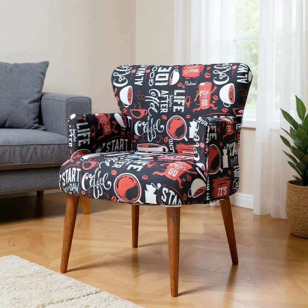 Roma Modern Tekli Koltuk Berjer - Dijital Baskılı Kumaş - Ahşap Ayak - Cafe Desen