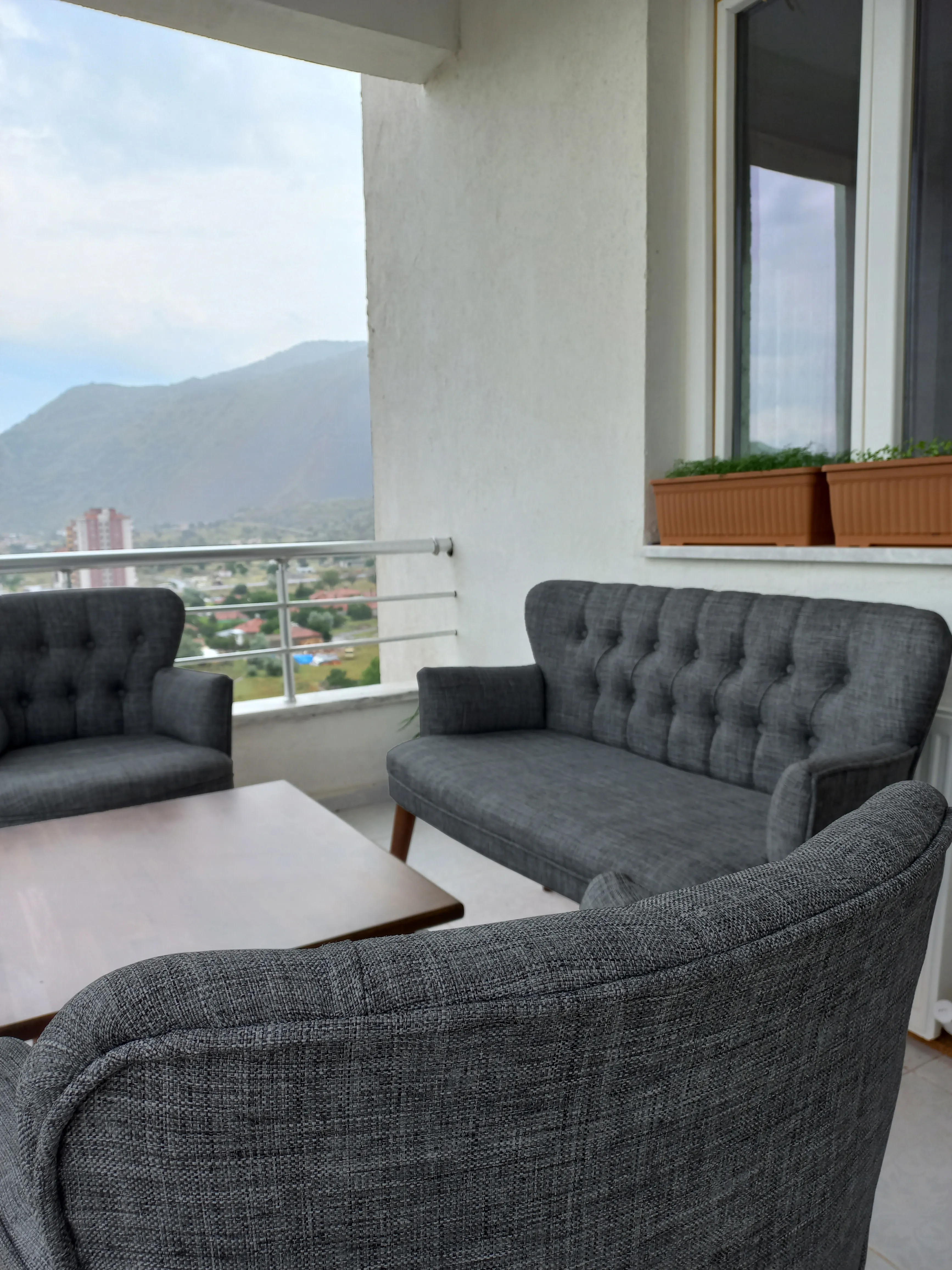 Çay Seti Koltuk Takımı - Keten Kumaş - Modern 2+1+1 - Füme Gri