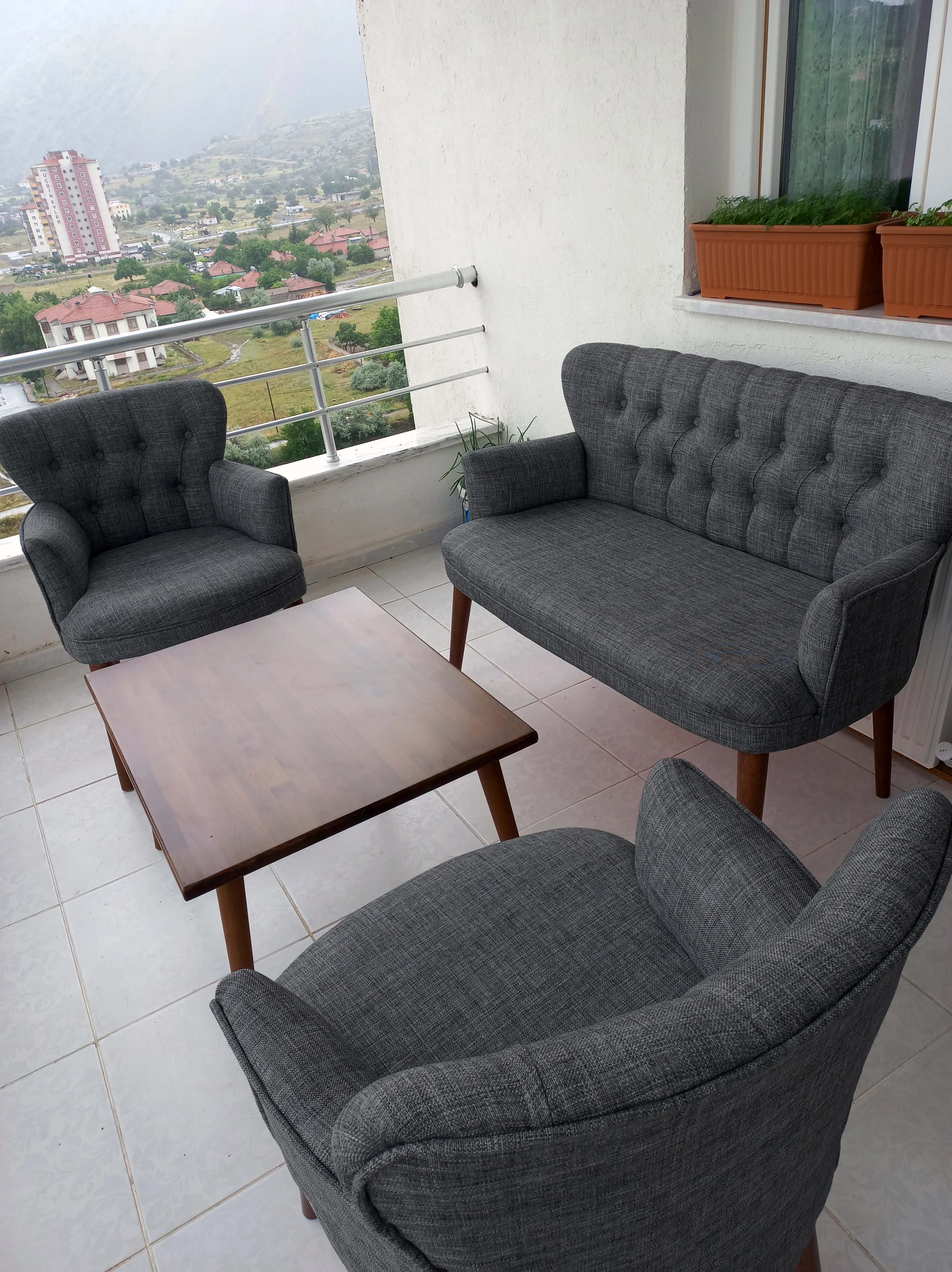 Çay Seti Koltuk Takımı - Keten Kumaş - Modern 2+1+1 - Füme Gri