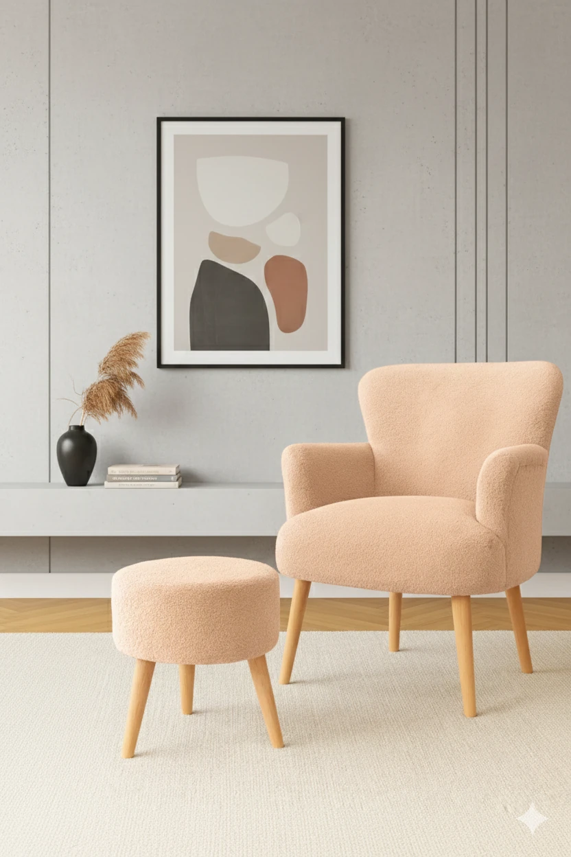 Roma Berjer + Puf Set - Welsoft Yumuşak Kumaş - Ahşap Ayak - Vizon